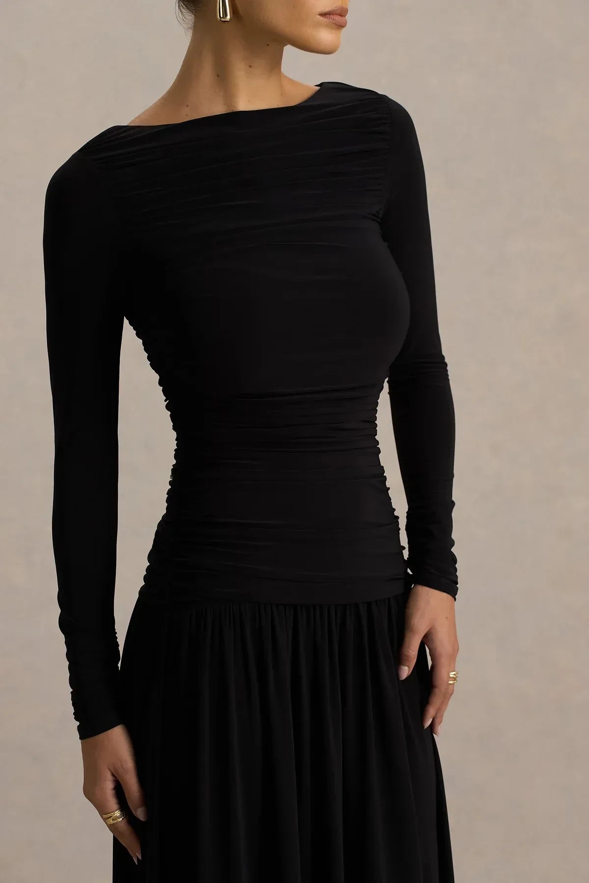 Gorgeous A Line Boat Neck Long Sleeve Ruched Back Floor Length Evening Dress