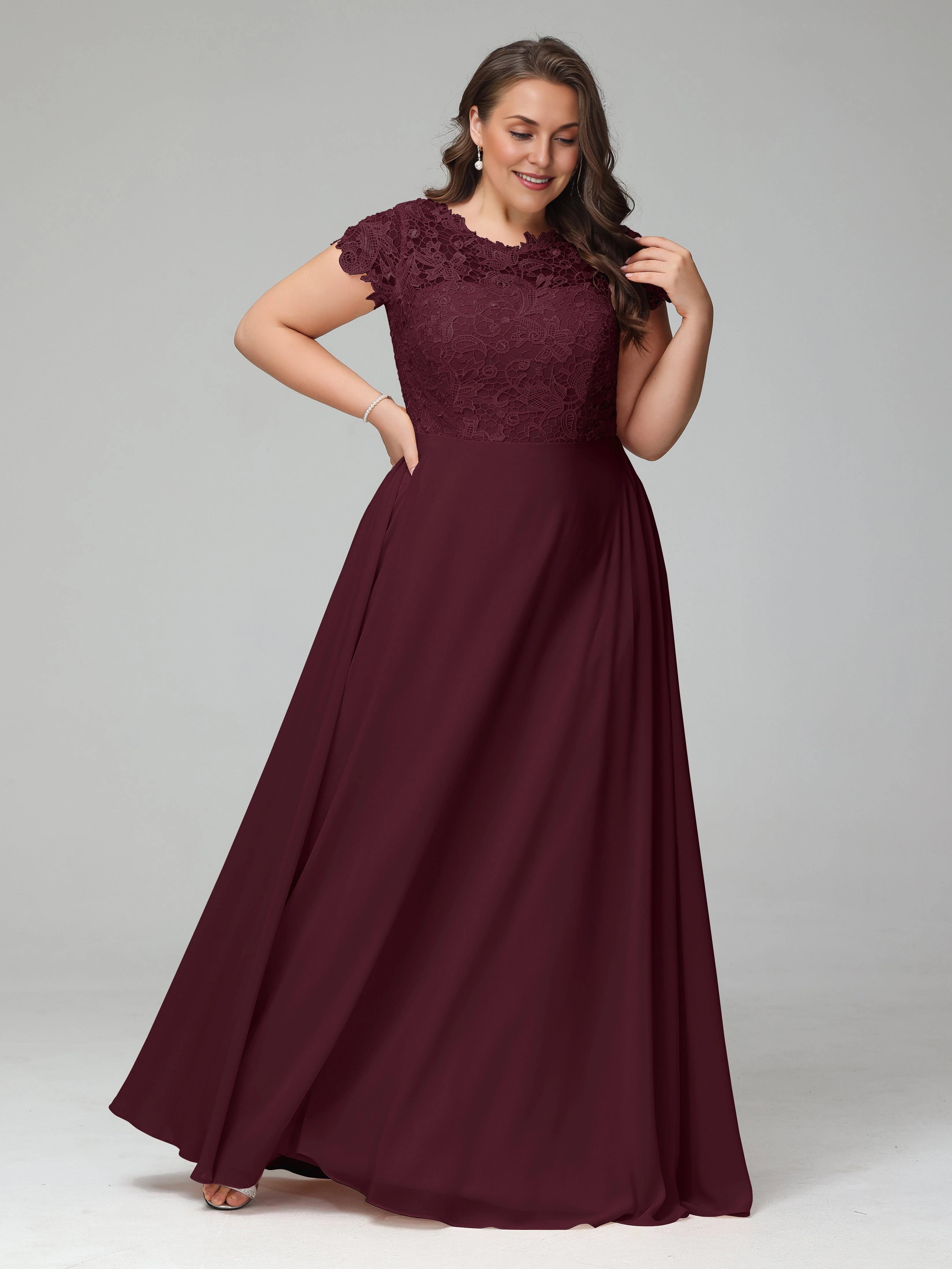 Gorgeous A Line Crew Neck Cap Sleeve Keyhole Back Plus Size Floor Length Mother of the Bride Dress