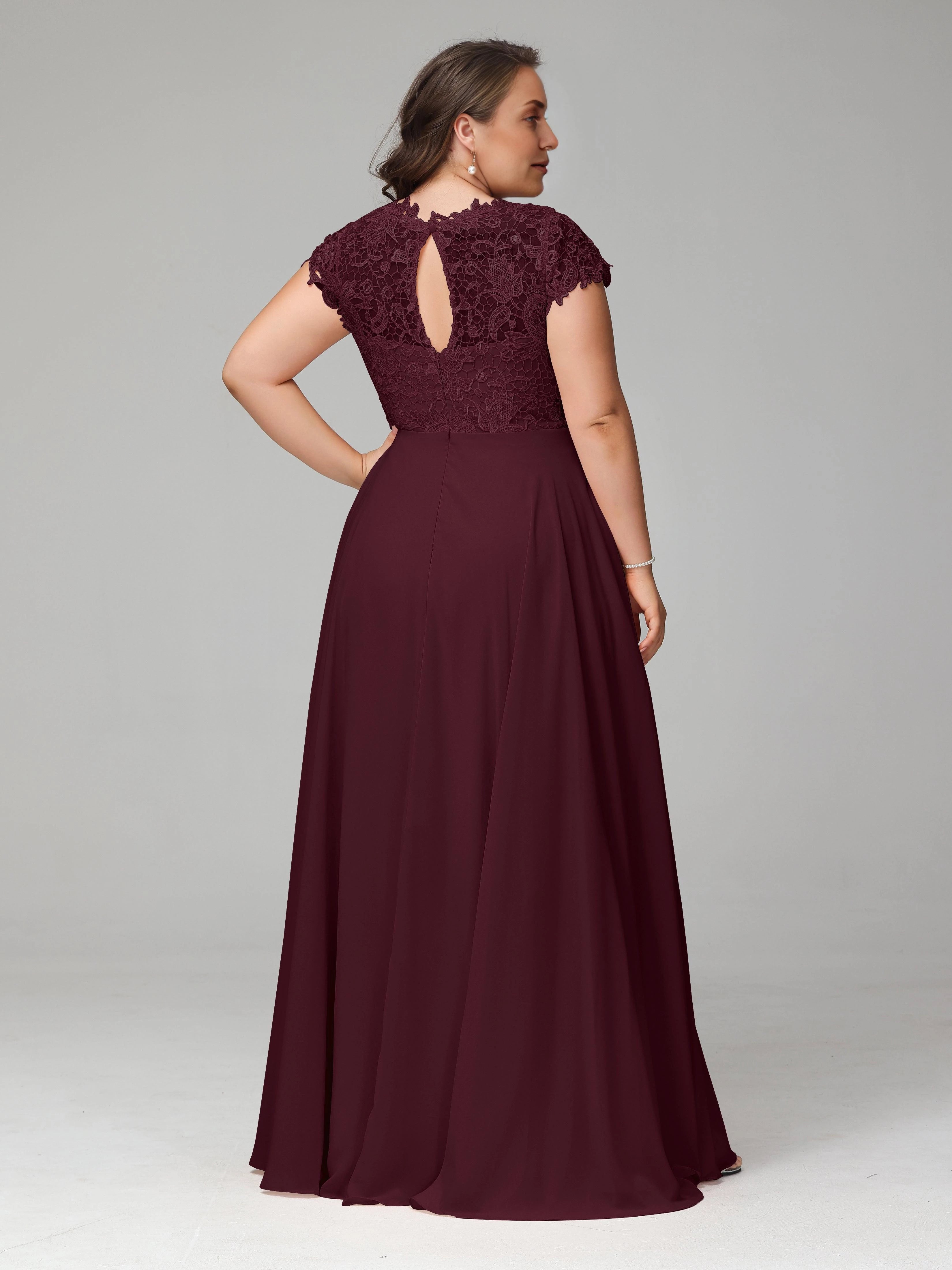 Gorgeous A Line Crew Neck Cap Sleeve Keyhole Back Plus Size Floor Length Mother of the Bride Dress