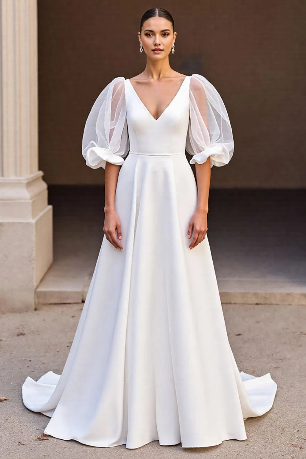 Gorgeous A Line Deep V Neck Sheer Puff Sleeve Open Back Floor Length Wedding Dress