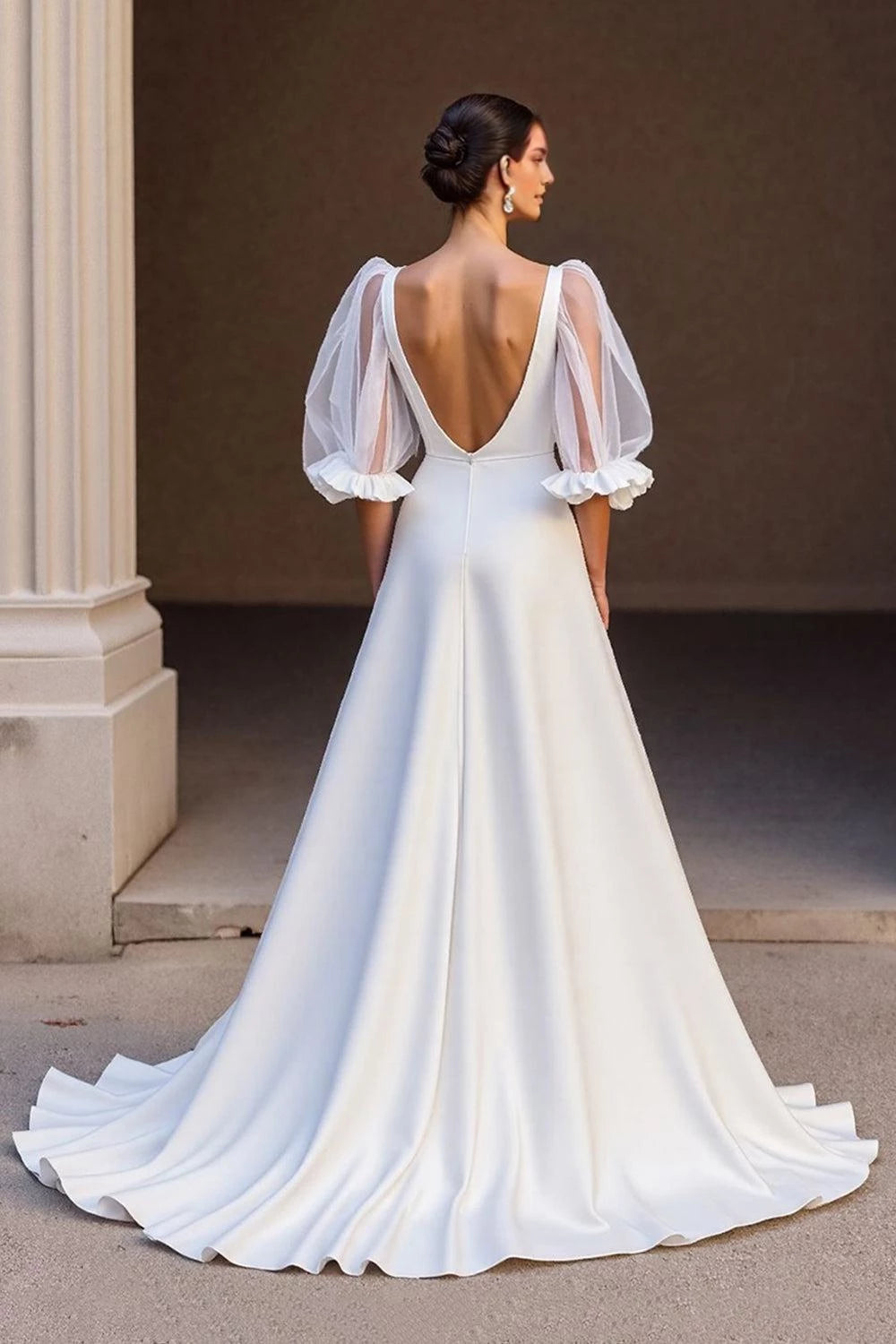 Gorgeous A Line Deep V Neck Sheer Puff Sleeve Open Back Floor Length Wedding Dress