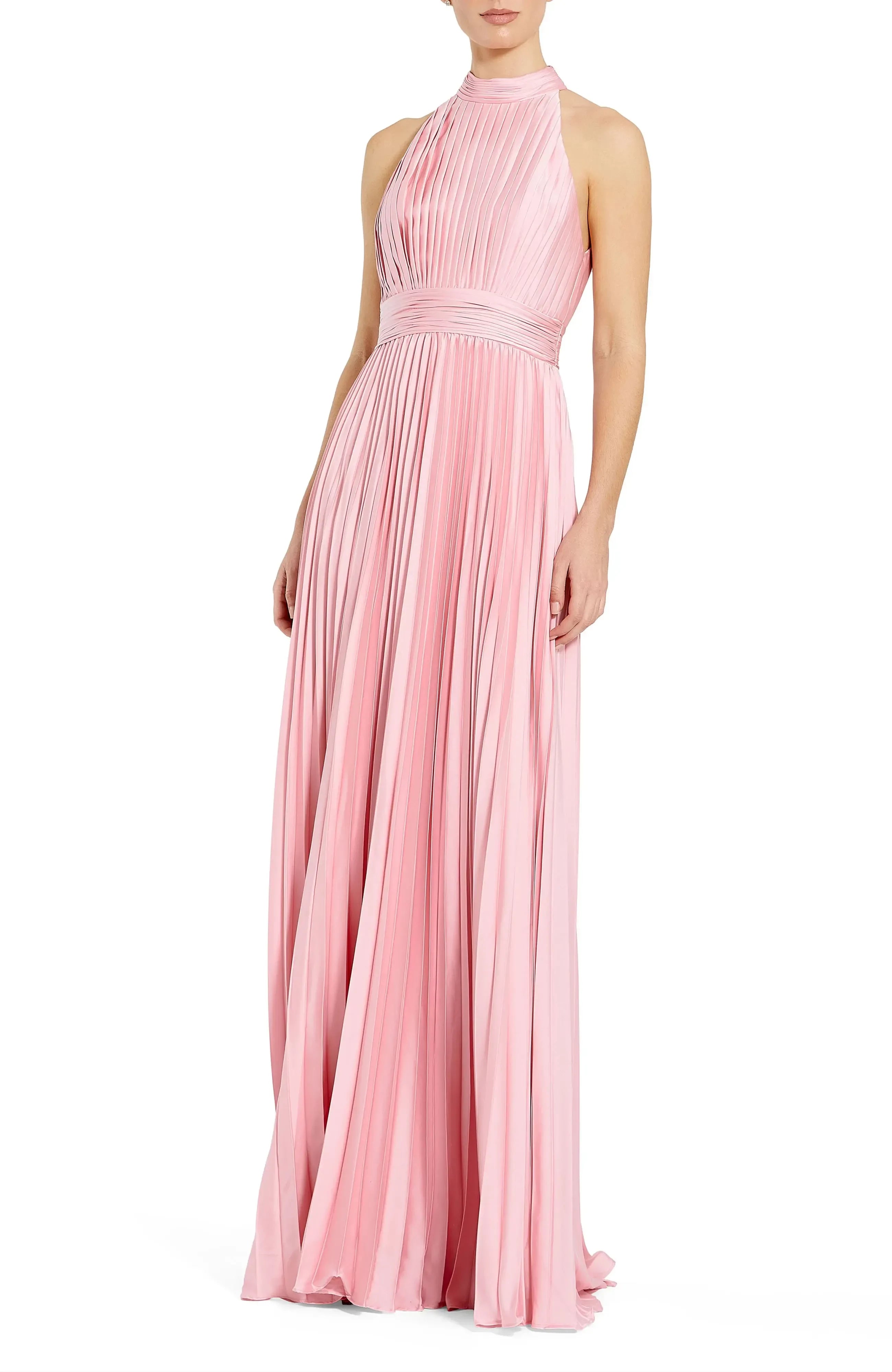 Gorgeous A Line Halter Neck Sleeveless Pleated Back Floor Length Evening Dress