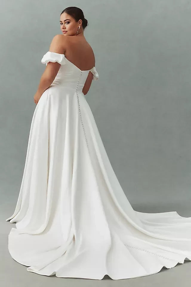 Gorgeous A Line Off Shoulder Puff Sleeve Button Back Plus Size Floor Length Wedding Dress