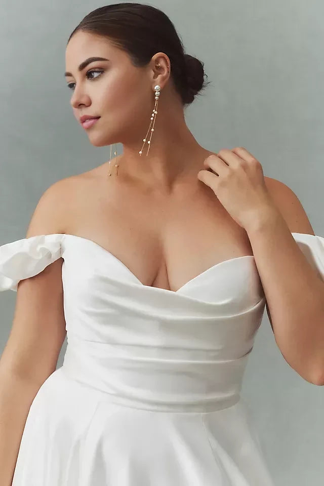 Gorgeous A Line Off Shoulder Puff Sleeve Button Back Plus Size Floor Length Wedding Dress