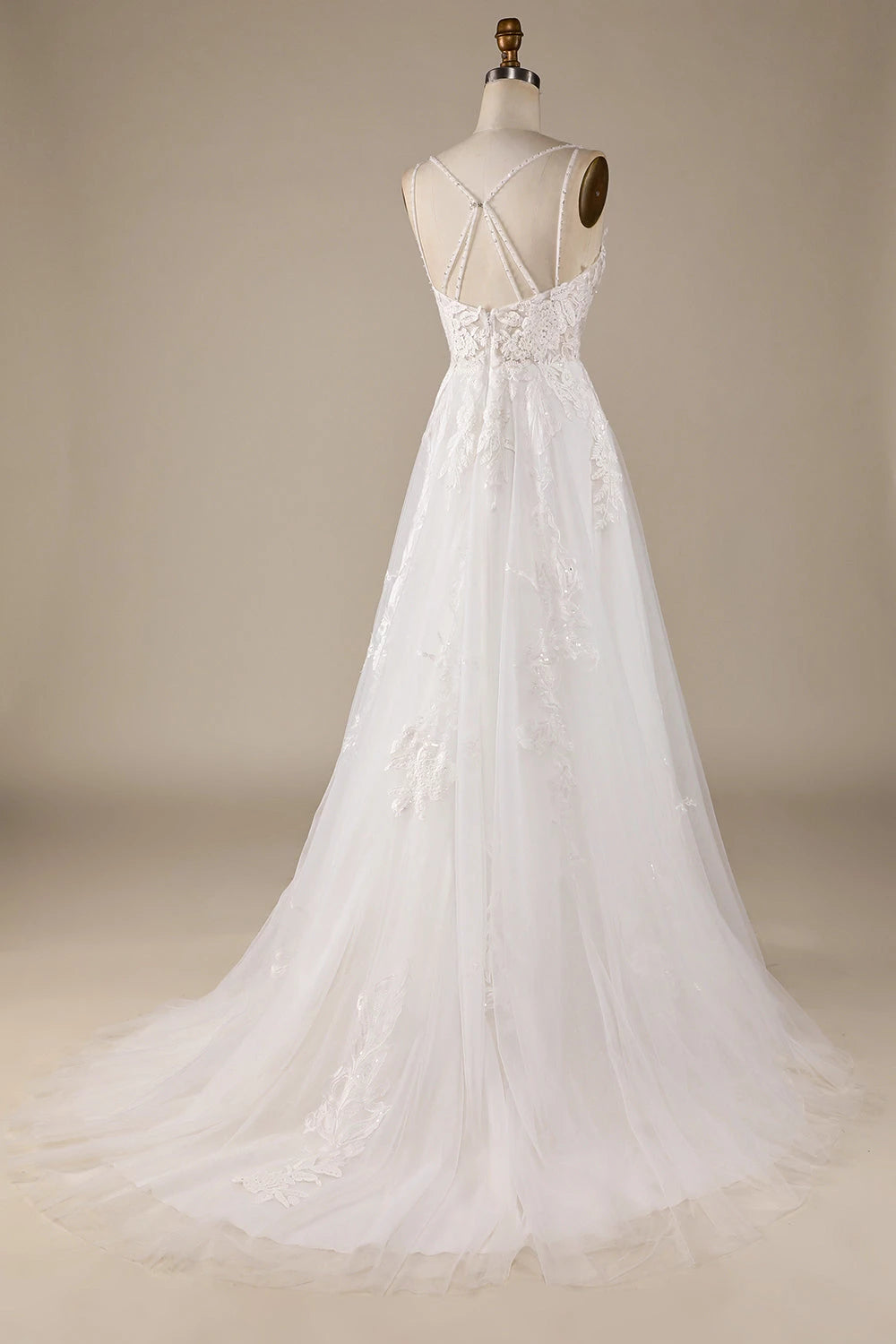 Gorgeous A Line Plunging V Neck Sleeveless Criss Cross Back Floor Length Wedding Dress