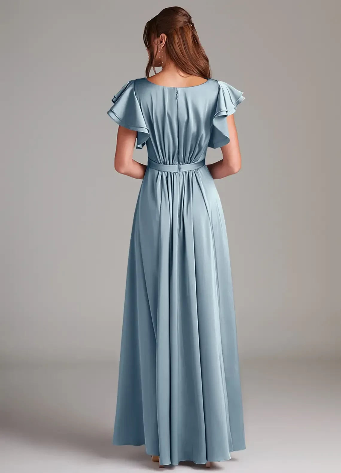 Gorgeous A Line Round Neck Ruffled Sleeve Zip Back Floor Length Bridesmaid Dress
