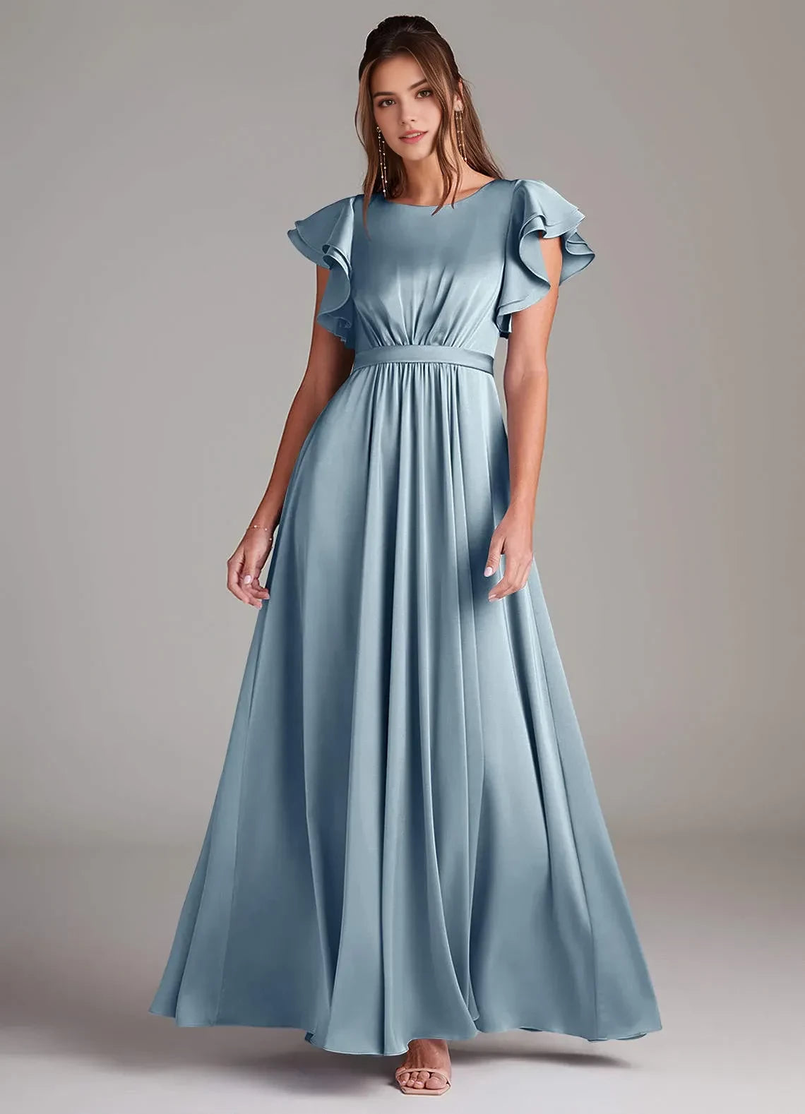 Gorgeous A Line Round Neck Ruffled Sleeve Zip Back Floor Length Bridesmaid Dress