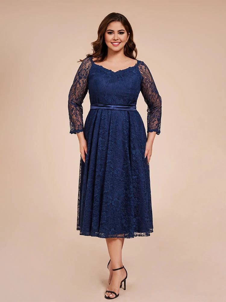 Gorgeous A Line Scallop Neck Lace Three Quarter Sleeve Bow Back Plus Size Midi Length Mother of the Bride Dress ﻿