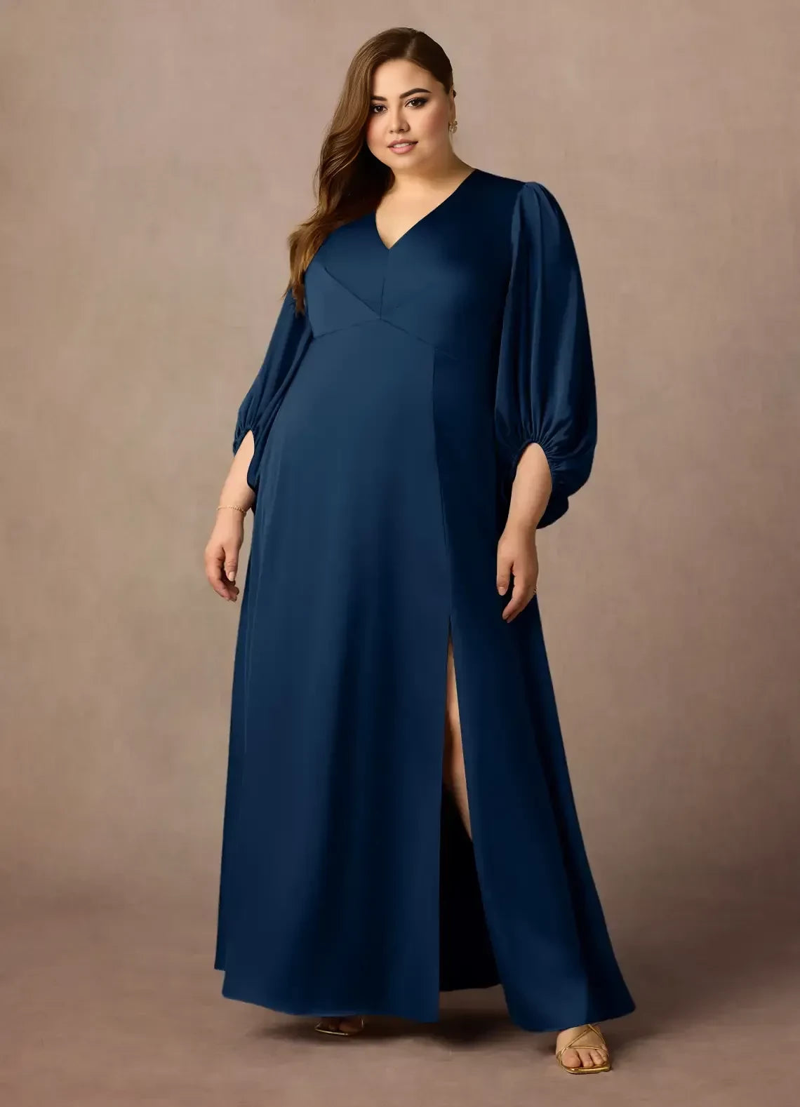Gorgeous A Line V Neck Bishop Sleeve Zipper Back Plus Size Floor Length Mother of the Bride Dress