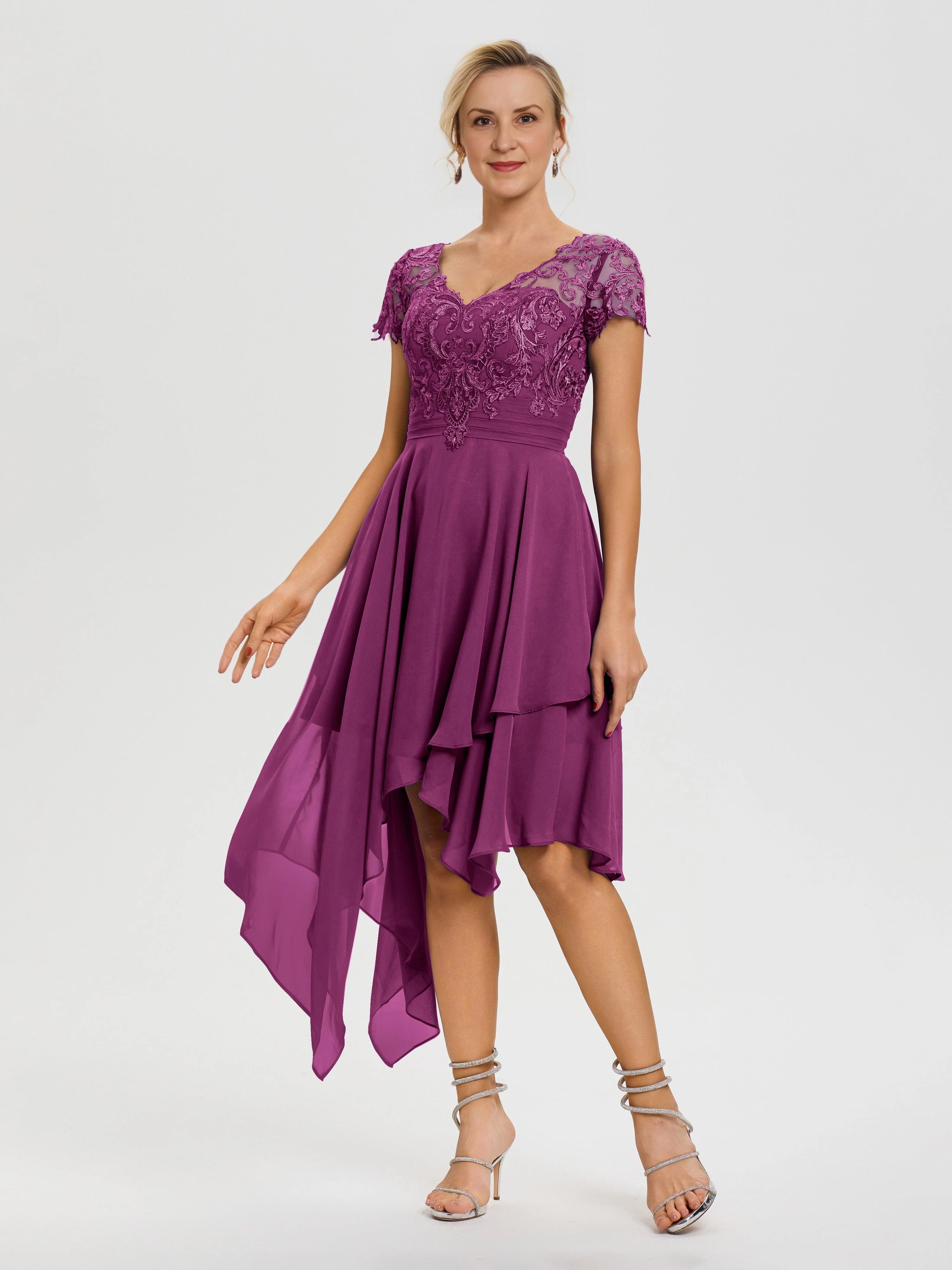 Gorgeous A Line V Neck Cap Sleeve Lace Back Asymmetric Midi Length Mother of the Bride Dress