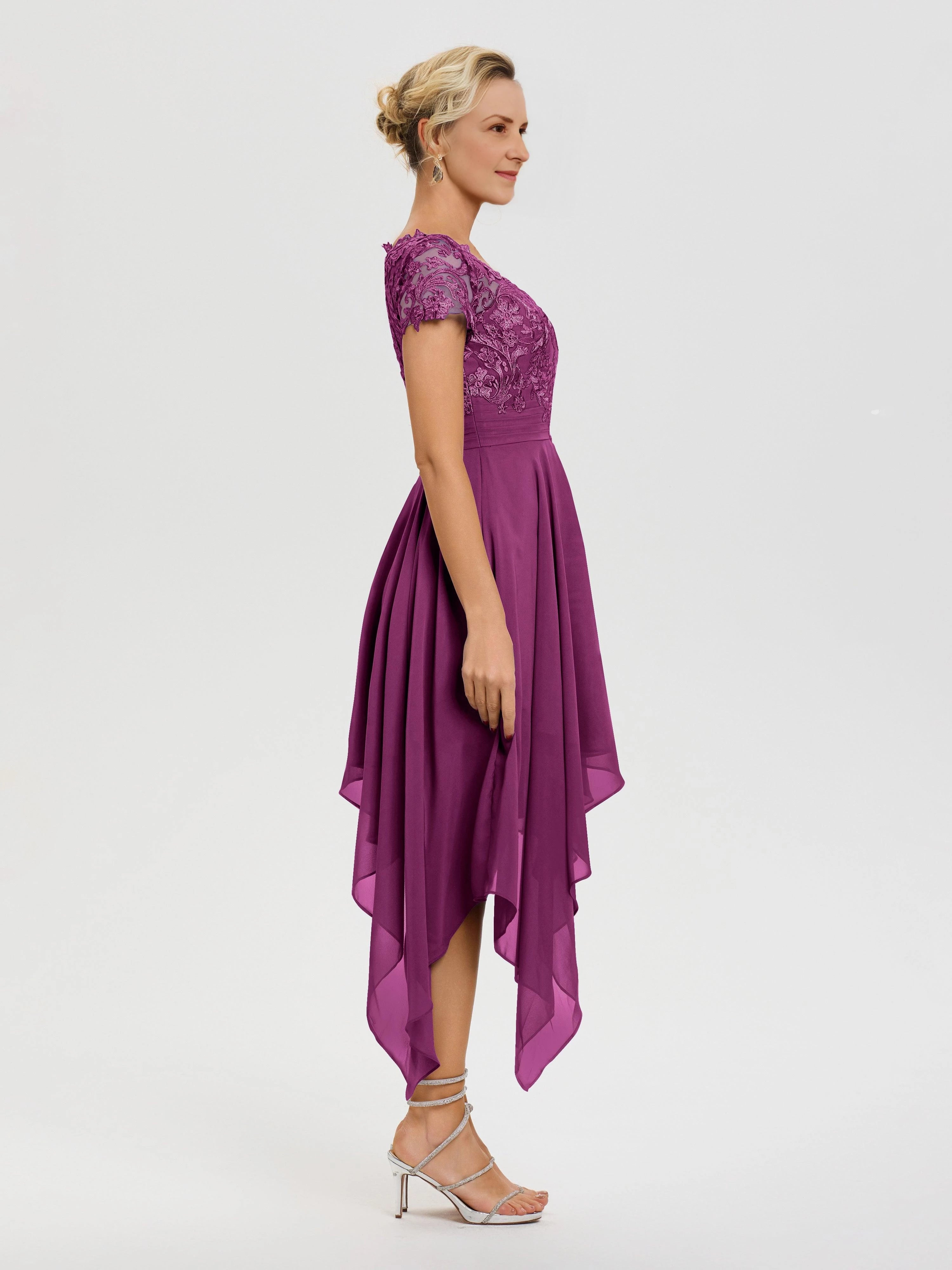 Gorgeous A Line V Neck Cap Sleeve Lace Back Asymmetric Midi Length Mother of the Bride Dress