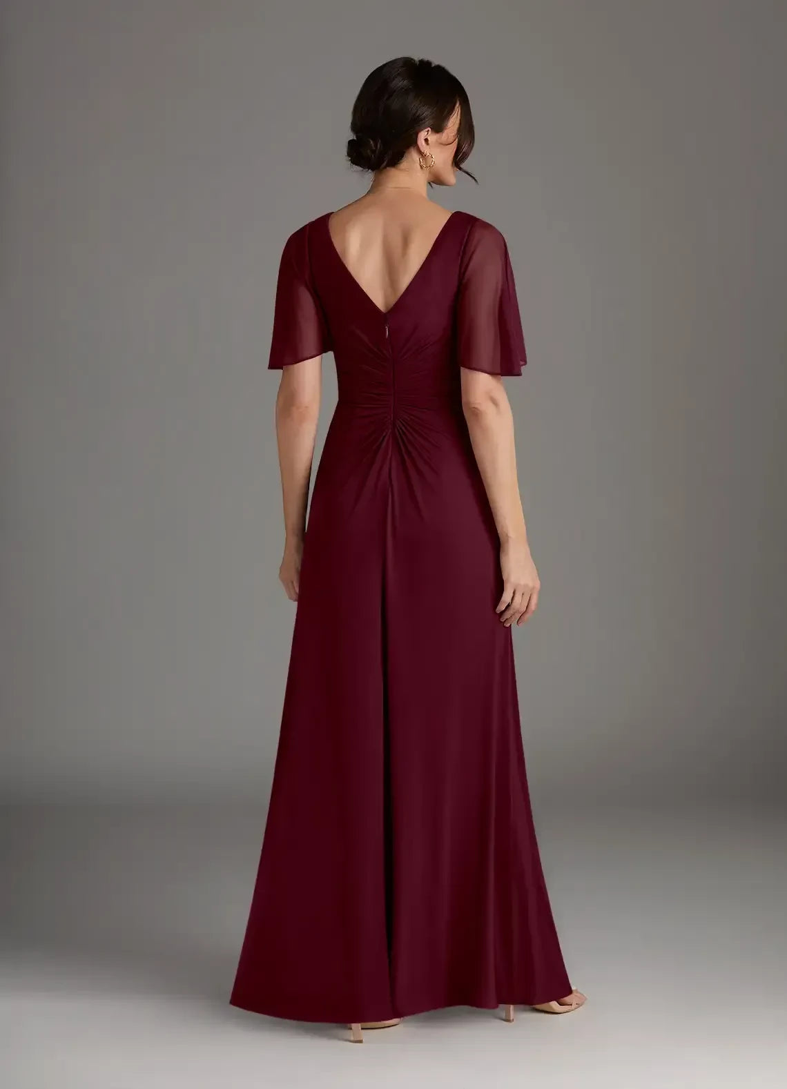 Gorgeous A Line V Neck Chiffon Flutter Sleeve Ruched Back Floor Length Mother of the Bride Dress