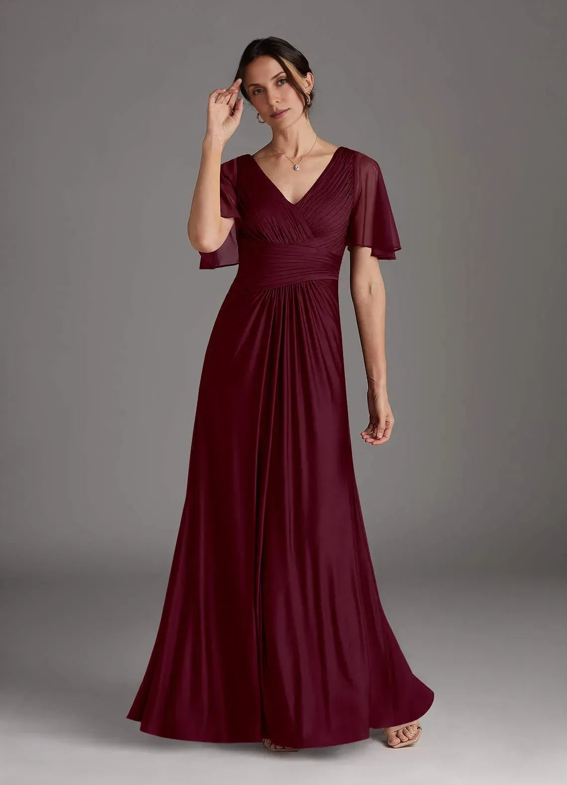 Gorgeous A Line V Neck Chiffon Flutter Sleeve Ruched Back Floor Length Mother of the Bride Dress