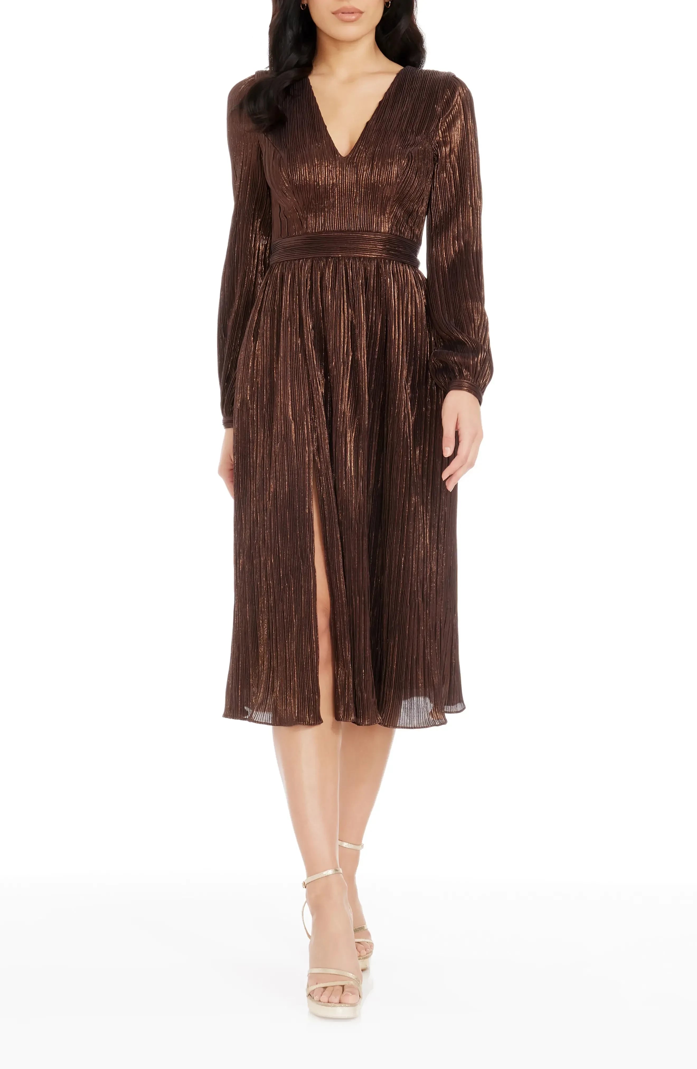 Gorgeous A Line V Neck Long Sleeve Plain Back Midi Length Evening Dress