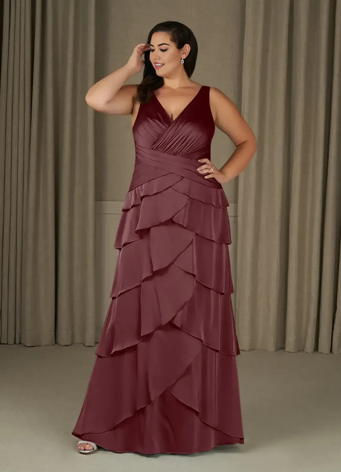 Gorgeous A Line V Neck Sleeveless Ruched Back Plus Size Floor Length Mother of the Bride Dress