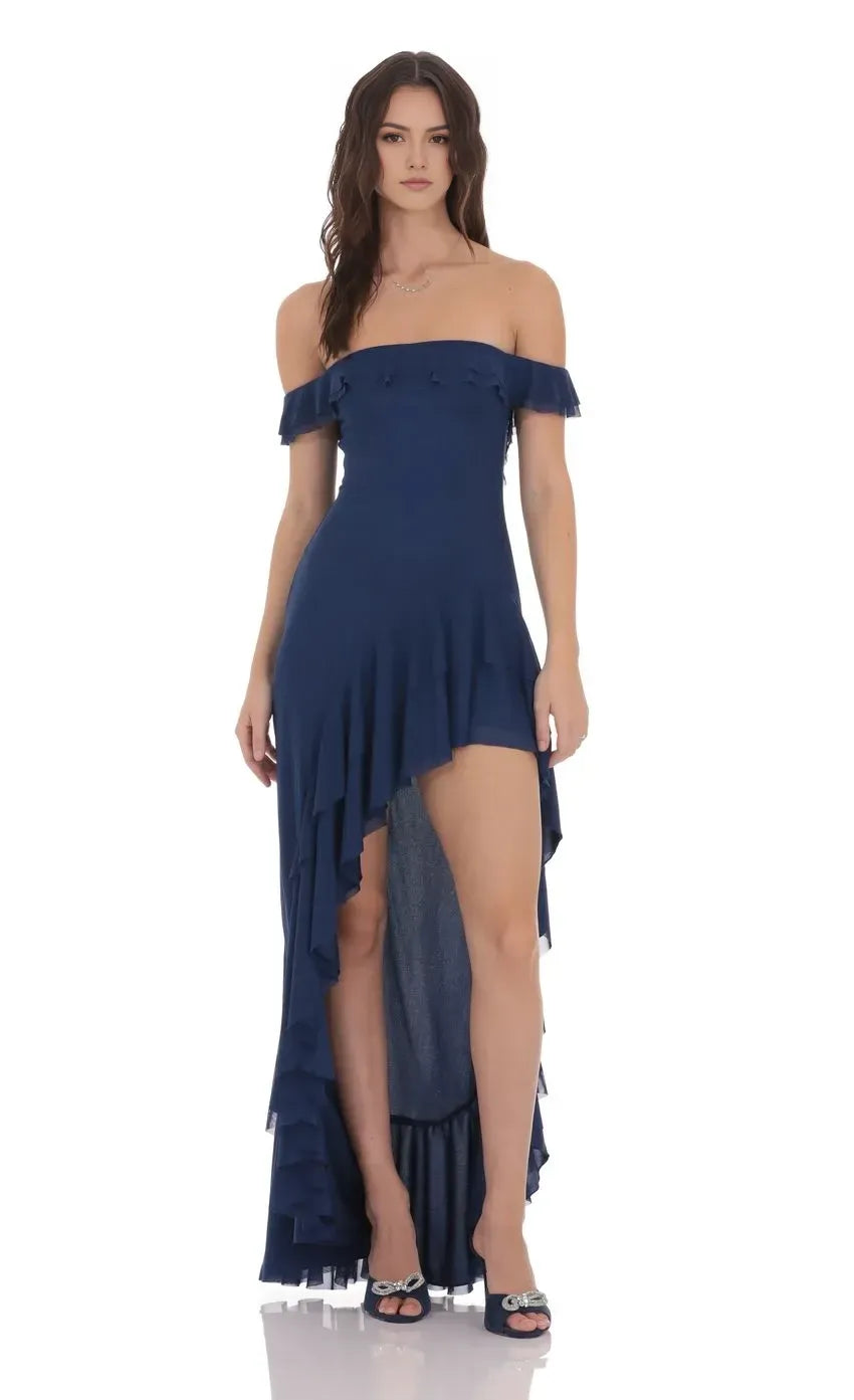 Gorgeous Asymmetrical Off Shoulder Flutter Sleeve Lace Up Back High Low Evening Dress