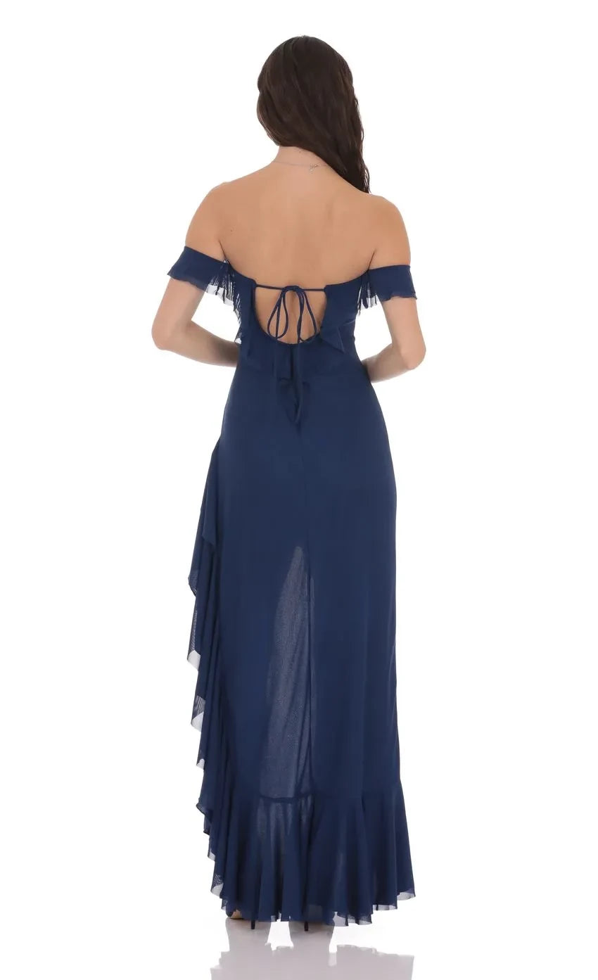 Gorgeous Asymmetrical Off Shoulder Flutter Sleeve Lace Up Back High Low Evening Dress