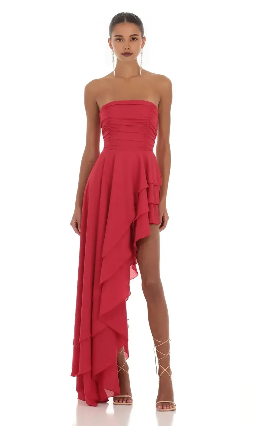 Gorgeous Asymmetrical Strapless Sleeveless Lace Up Back High Low Evening Dress