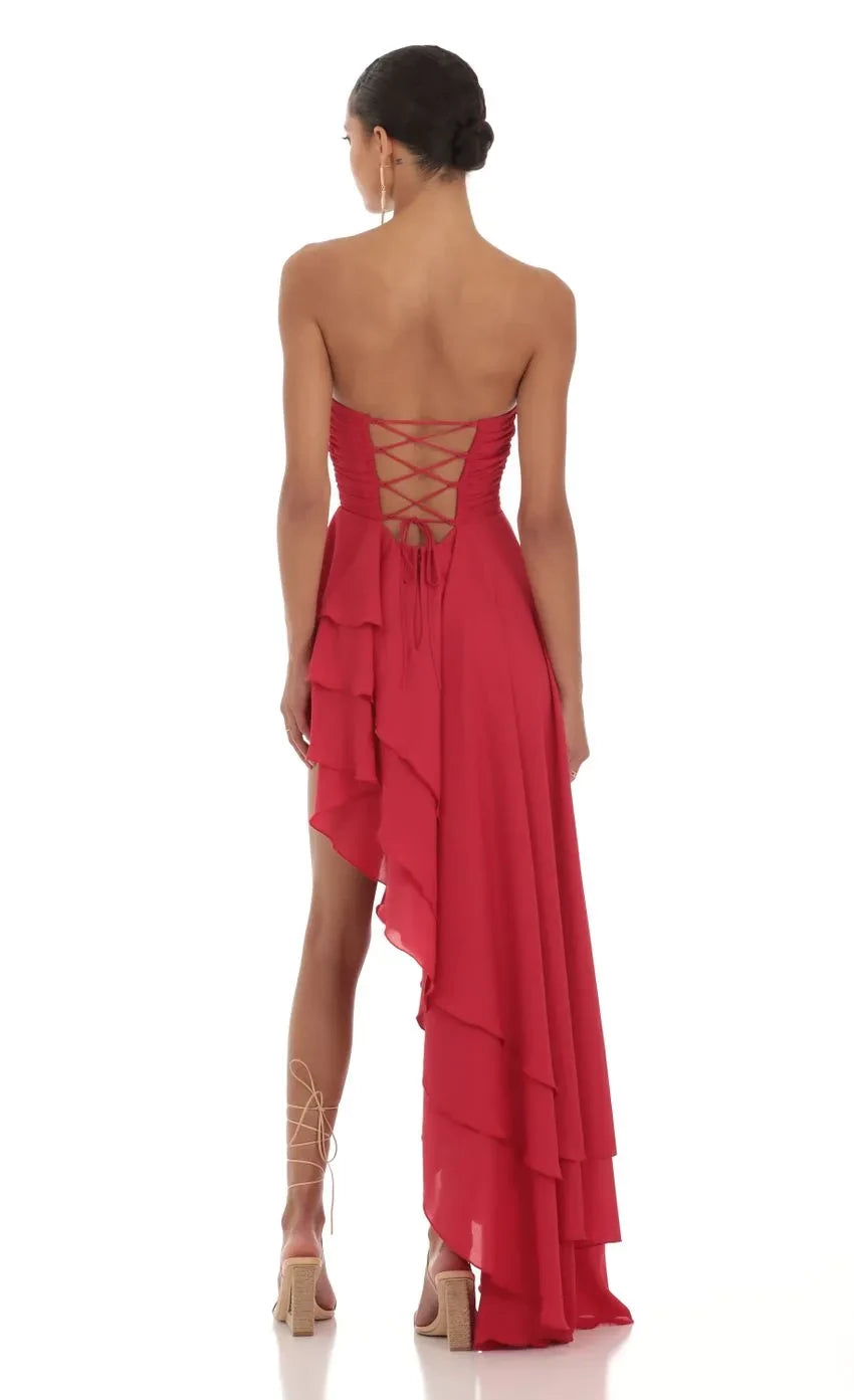 Gorgeous Asymmetrical Strapless Sleeveless Lace Up Back High Low Evening Dress
