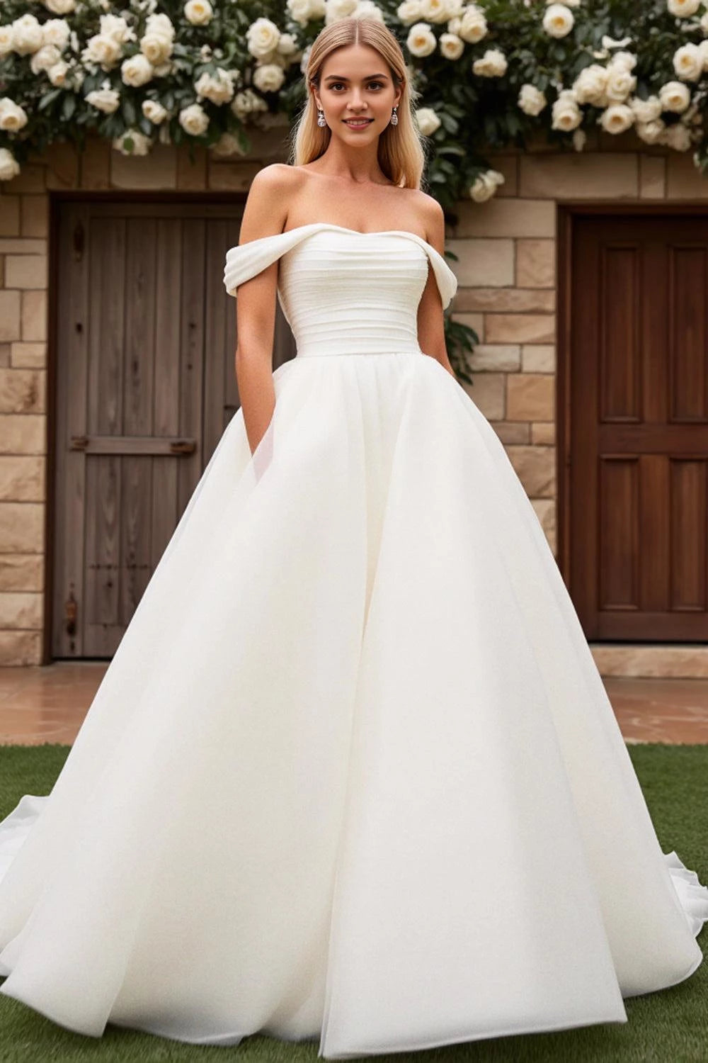 Gorgeous Ball Gown Off Shoulder Short Sleeve Button Back Floor Length Wedding Dress
