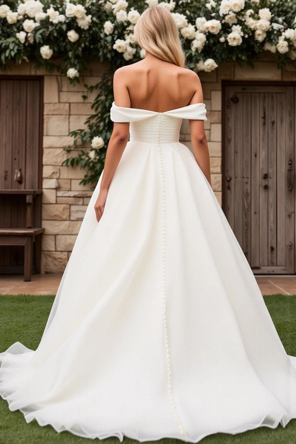 Gorgeous Ball Gown Off Shoulder Short Sleeve Button Back Floor Length Wedding Dress