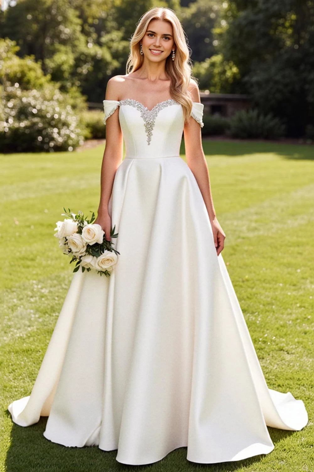 Gorgeous Ball Gown Off Shoulder Short Sleeve Illusion Back Floor Length Wedding Dress