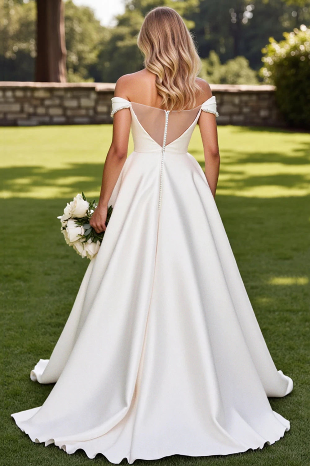 Gorgeous Ball Gown Off Shoulder Short Sleeve Illusion Back Floor Length Wedding Dress