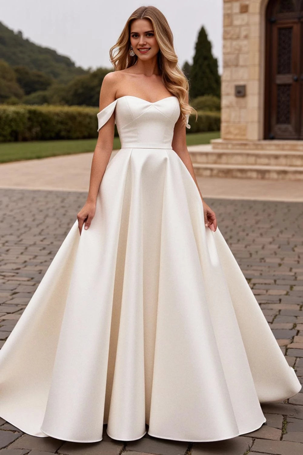 Gorgeous Ball Gown Off Shoulder Short Sleeve Lace Back Floor Length Wedding Dress