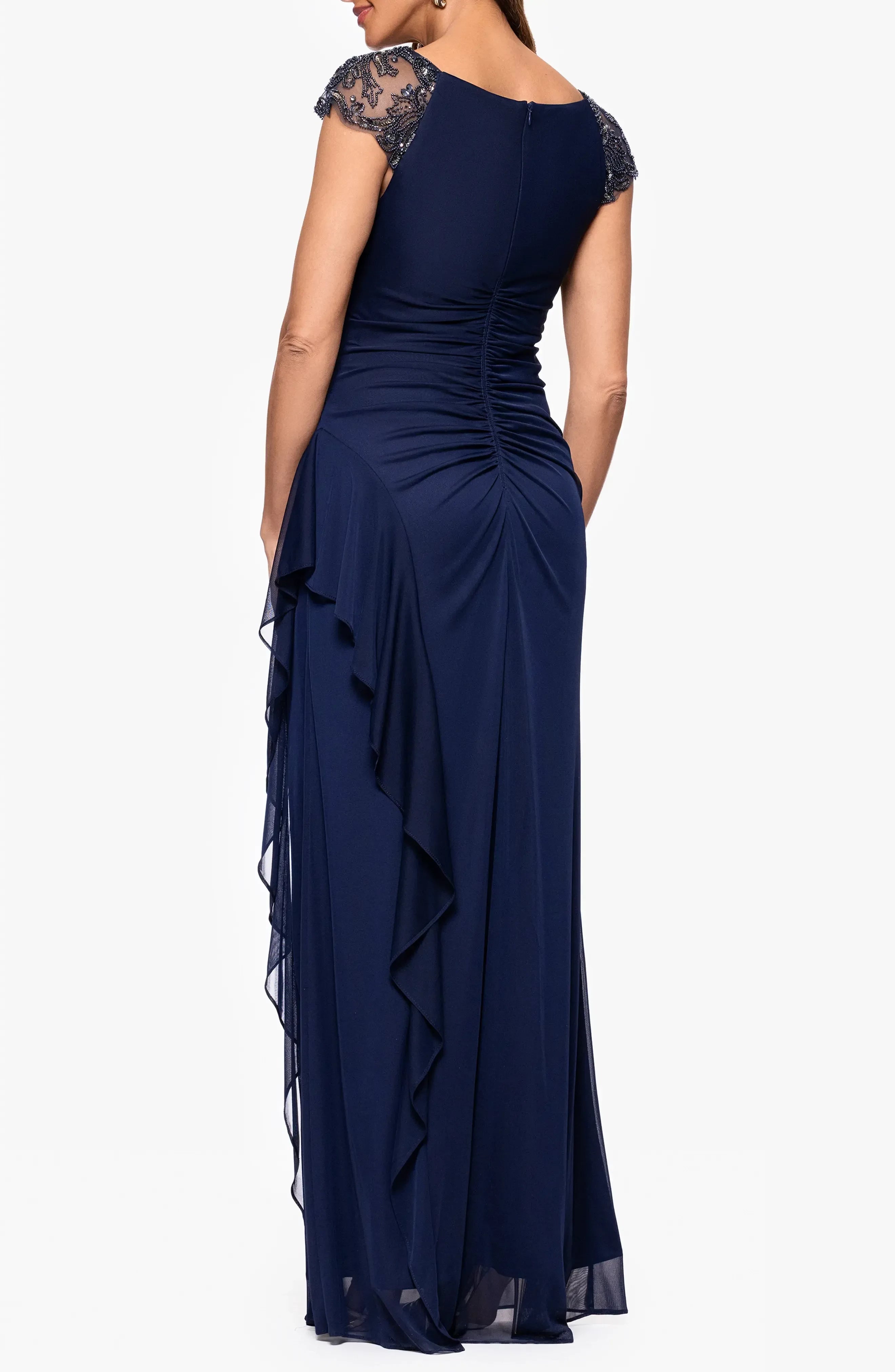 Gorgeous Beaded Boat Neck Cap Sleeve Ruched Back Floor Length Evening Dress ﻿