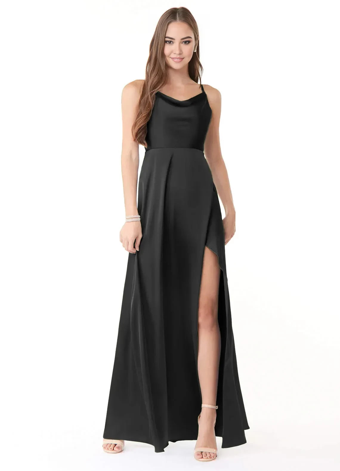 Gorgeous Cowl Neck Criss Cross Back High Slit Floor Length Bridesmaid Dress