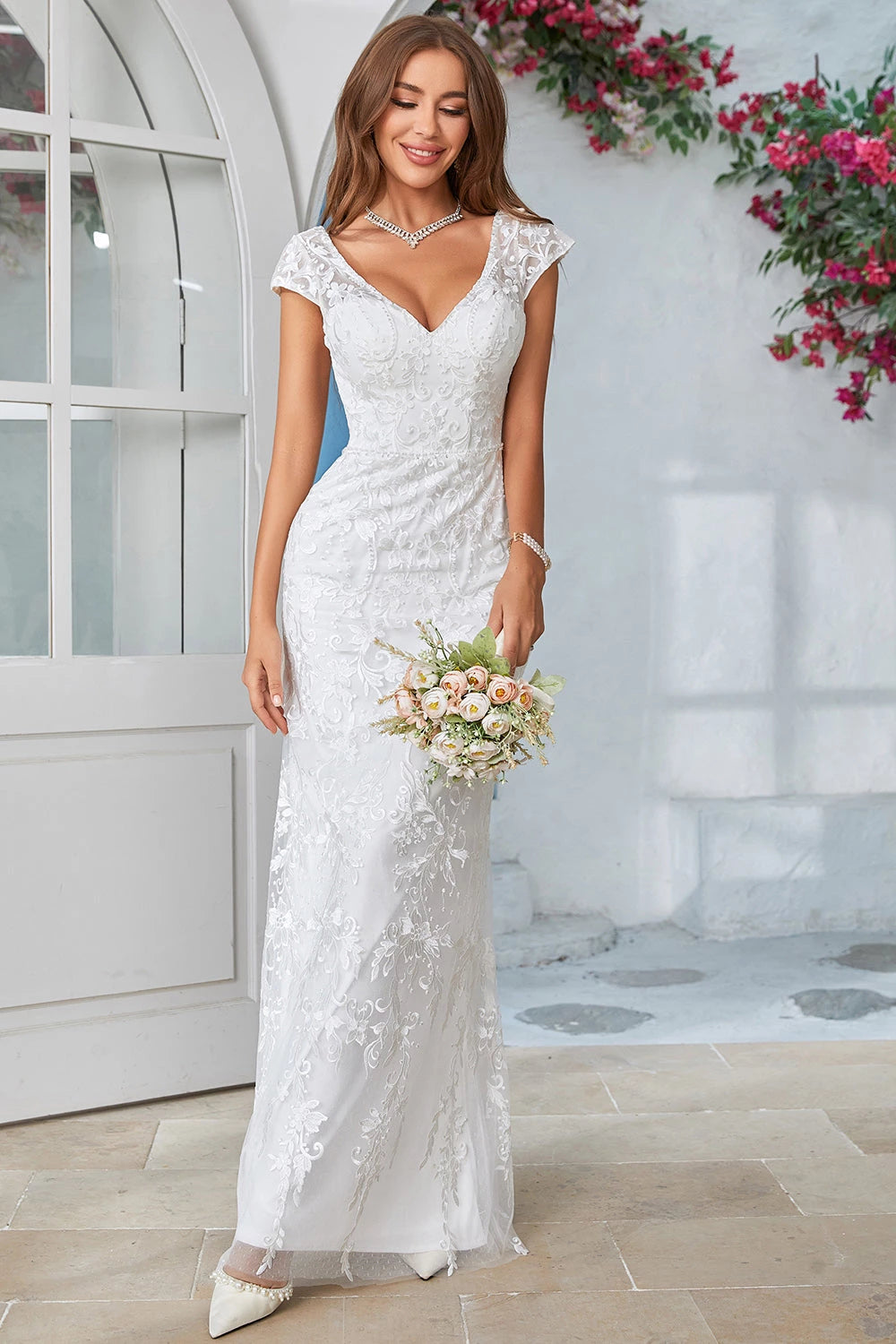 Gorgeous Mermaid Deep V Neck Cap Sleeve Open Back Wedding Dress