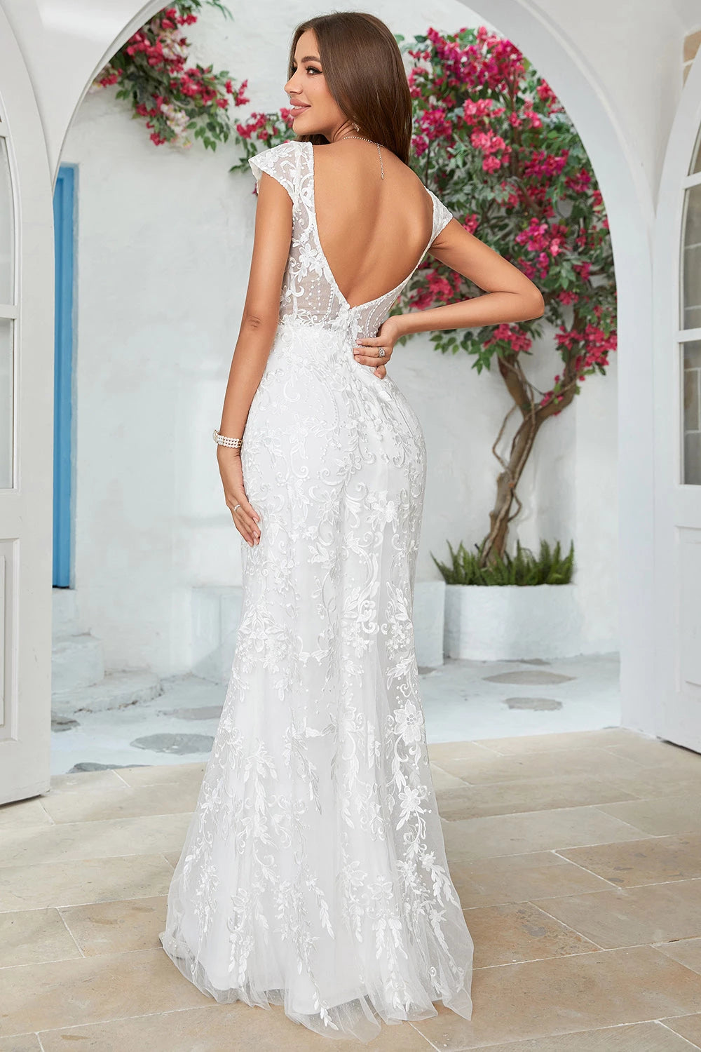 Gorgeous Mermaid Deep V Neck Cap Sleeve Open Back Wedding Dress