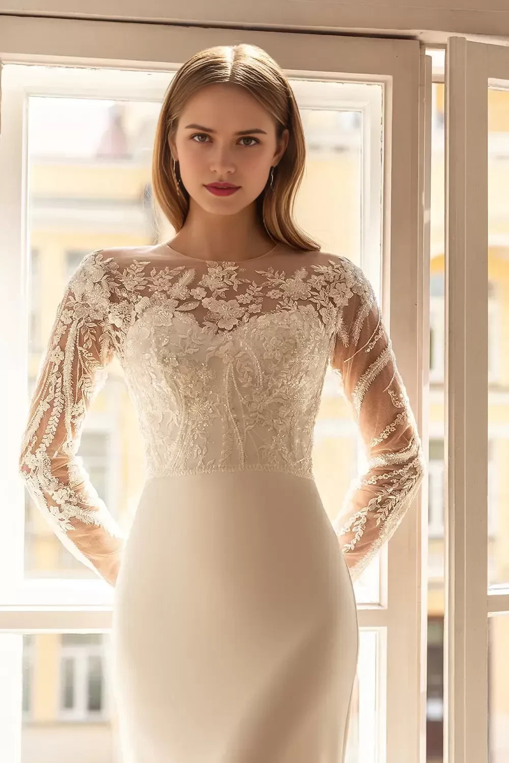 Gorgeous Mermaid Illusion Neckline Lace Long Sleeve Open Back Long Length Wedding Dress