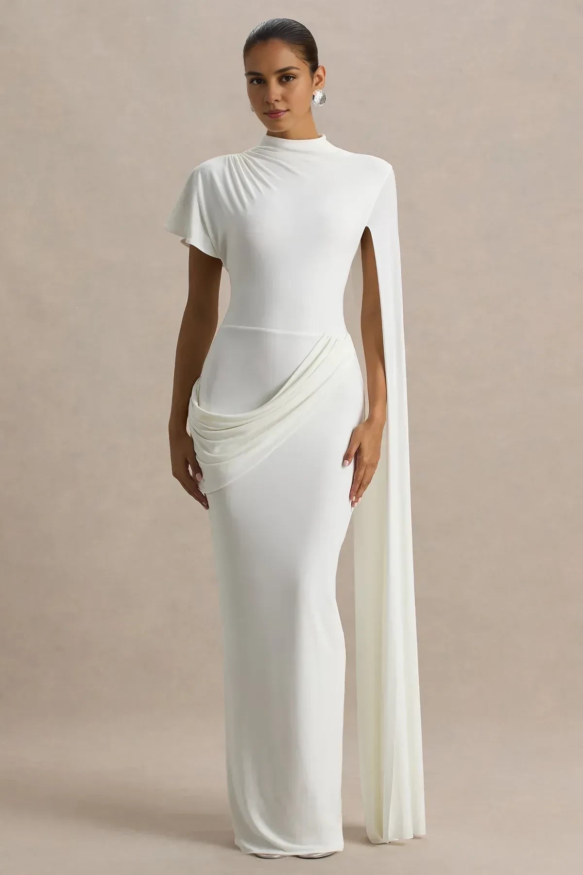 Gorgeous Mermaid Mock Neck Asymmetric Sleeve Ruched Back Floor Length Evening Dress