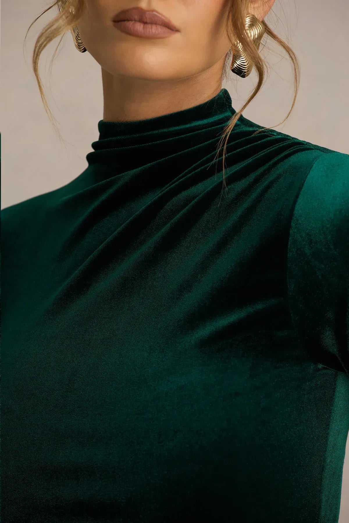 Gorgeous Mermaid Mock Neck Long Sleeve Ruched Side High Slit Floor Length Evening Dress