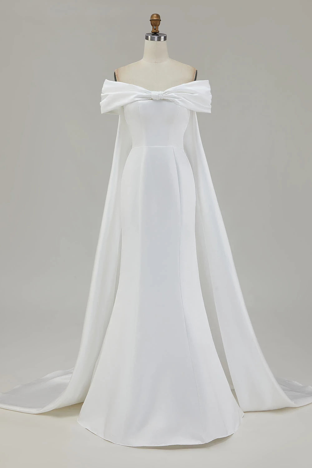Gorgeous Mermaid Off Shoulder Bow Detailed Cape Sleeve Zipper Back Floor Length Wedding Dress