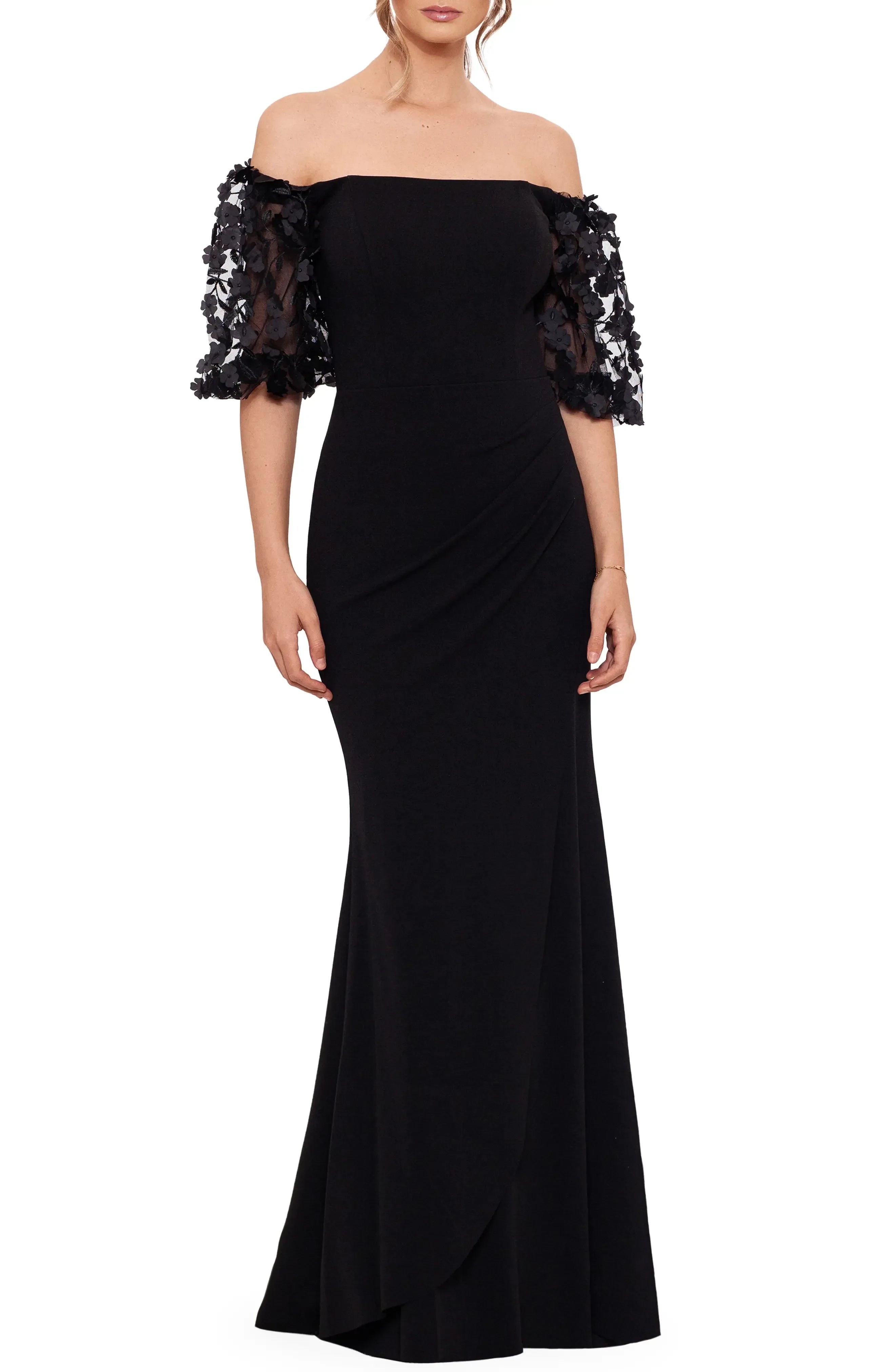 Gorgeous Mermaid Off Shoulder Floral Lace Sleeve Solid Back Floor Length Evening Dress