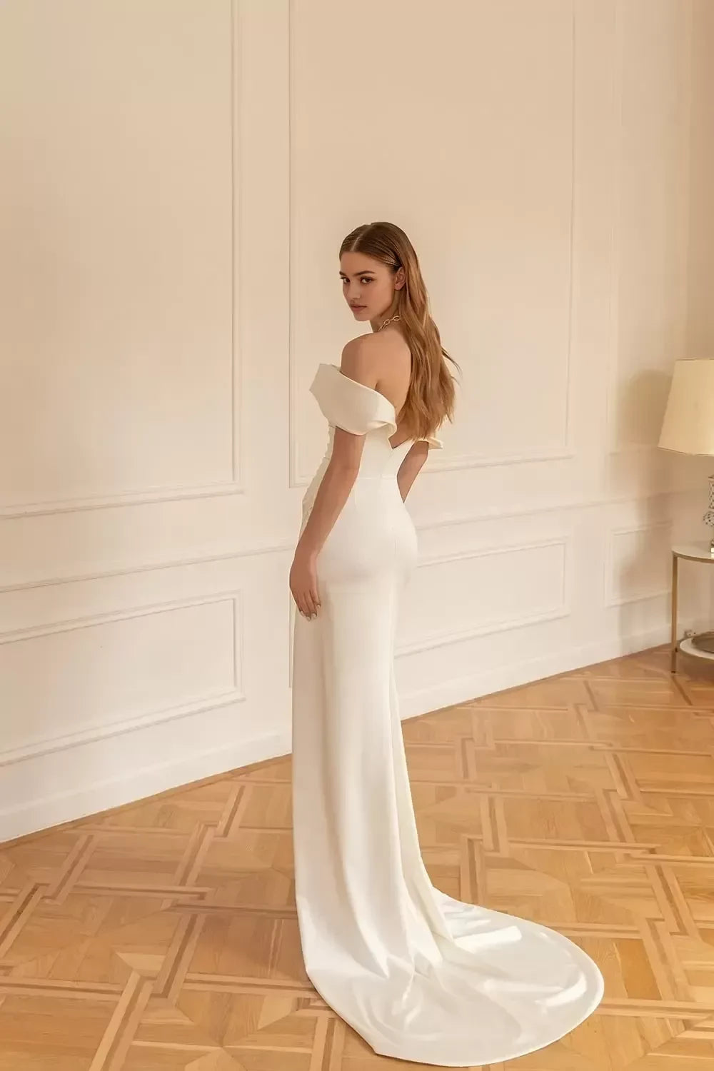 Gorgeous Mermaid Off Shoulder Short Sleeve Open Back Long Length Wedding Dress with High Slit