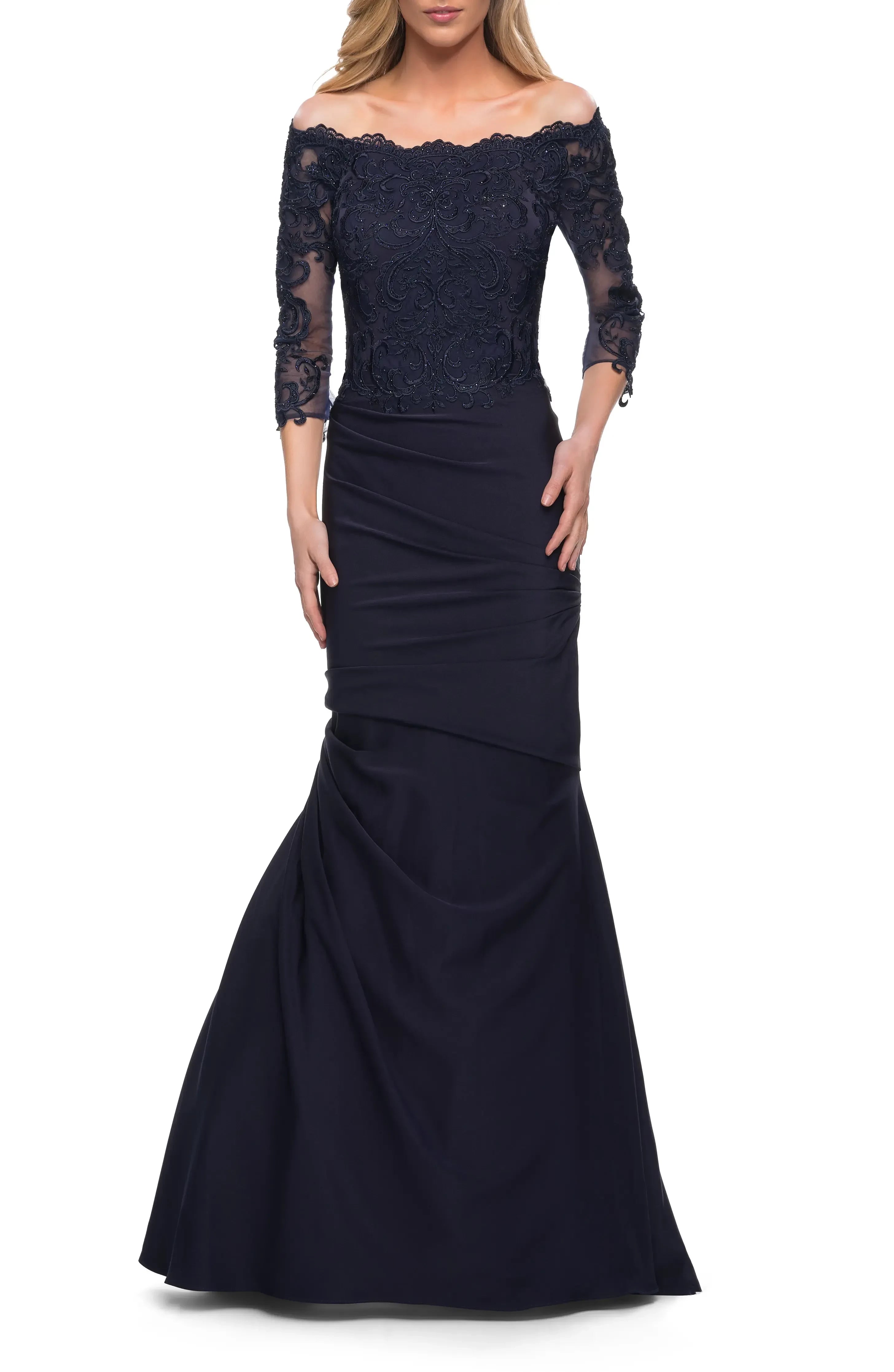 Gorgeous Mermaid Off Shoulder Three Quarter Sleeve Lace Back Floor Length Evening Dress