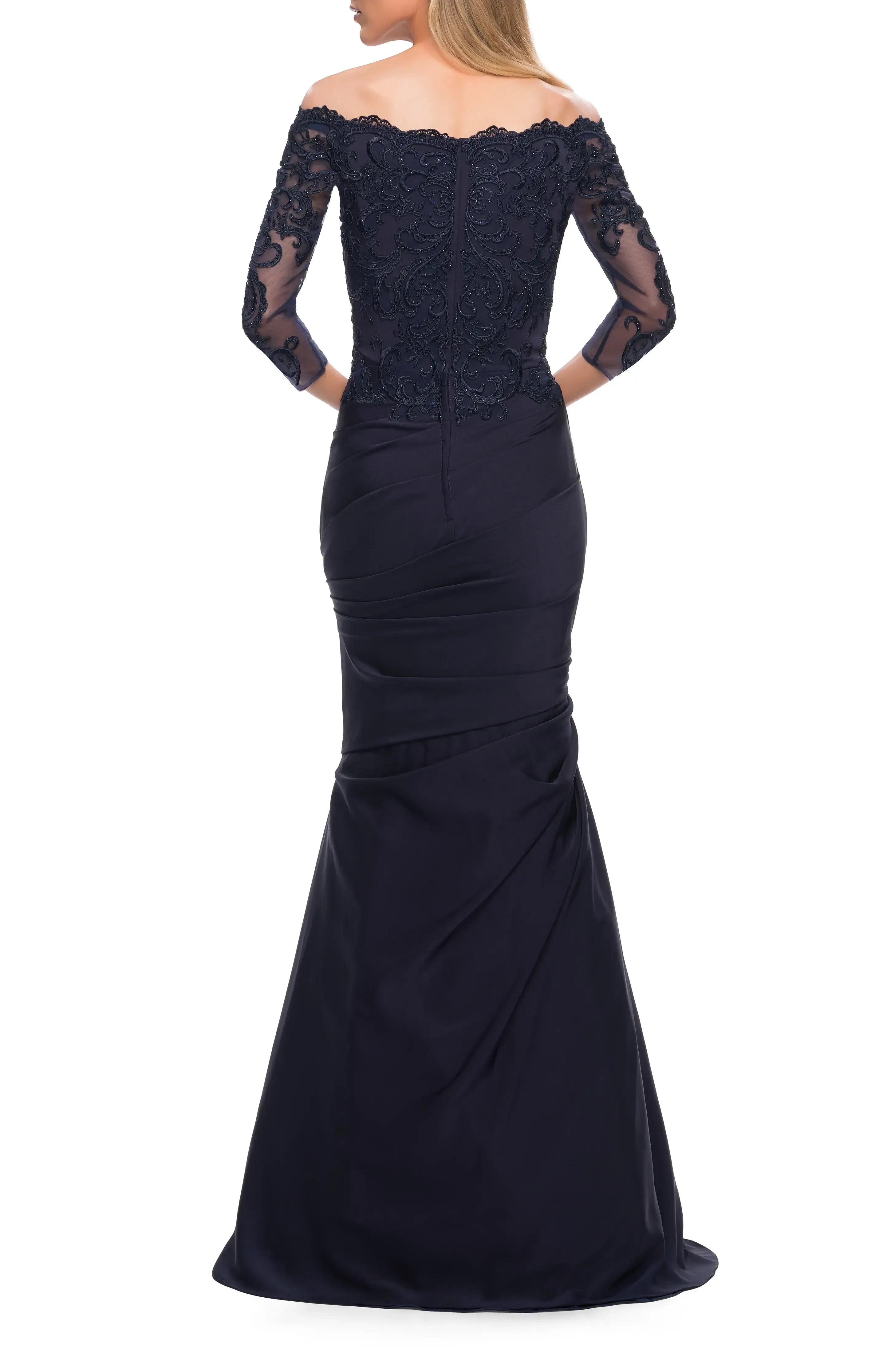 Gorgeous Mermaid Off Shoulder Three Quarter Sleeve Lace Back Floor Length Evening Dress