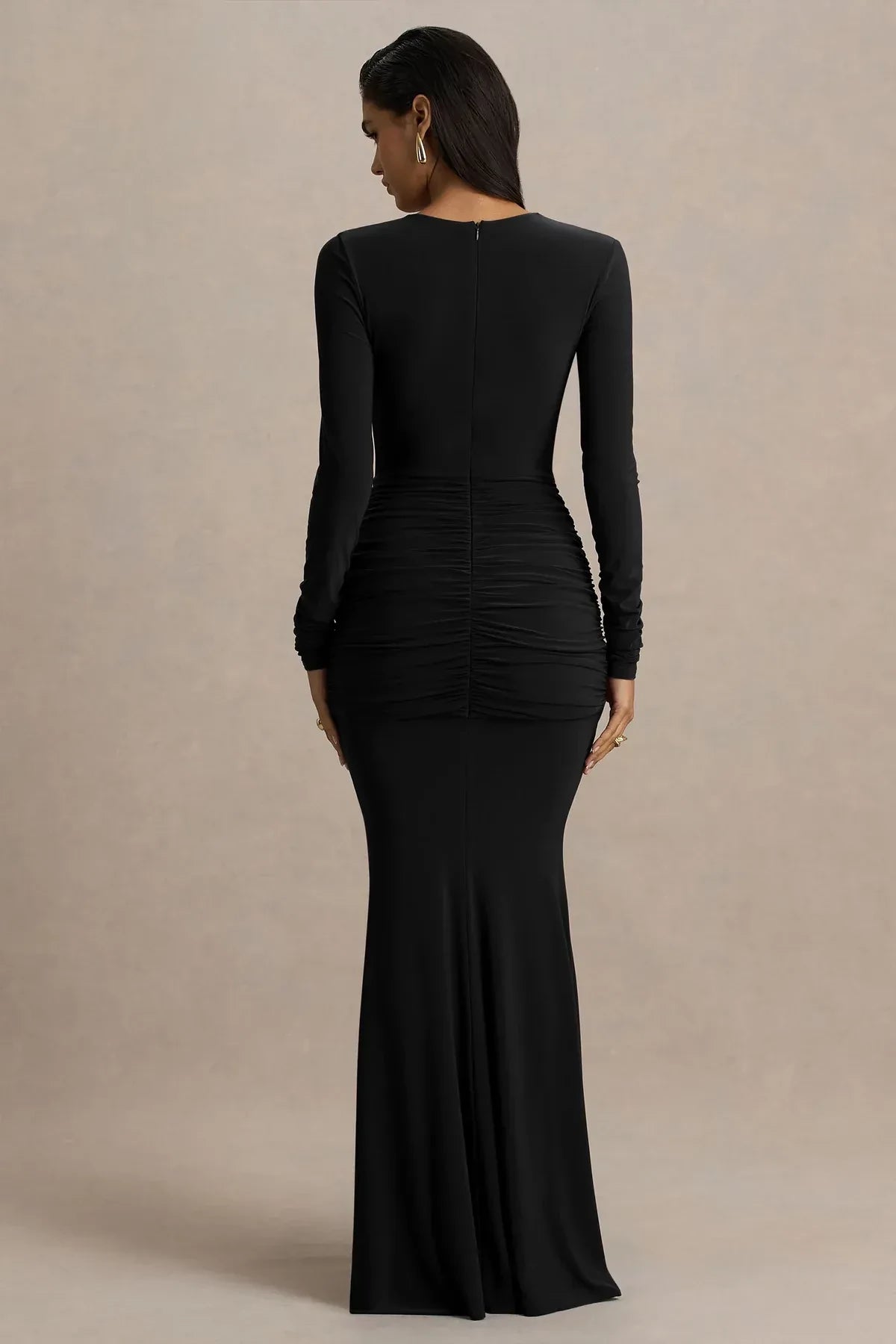 Gorgeous Mermaid Plunge Neck Long Sleeve Ruched Back Floor Length Evening Dress
