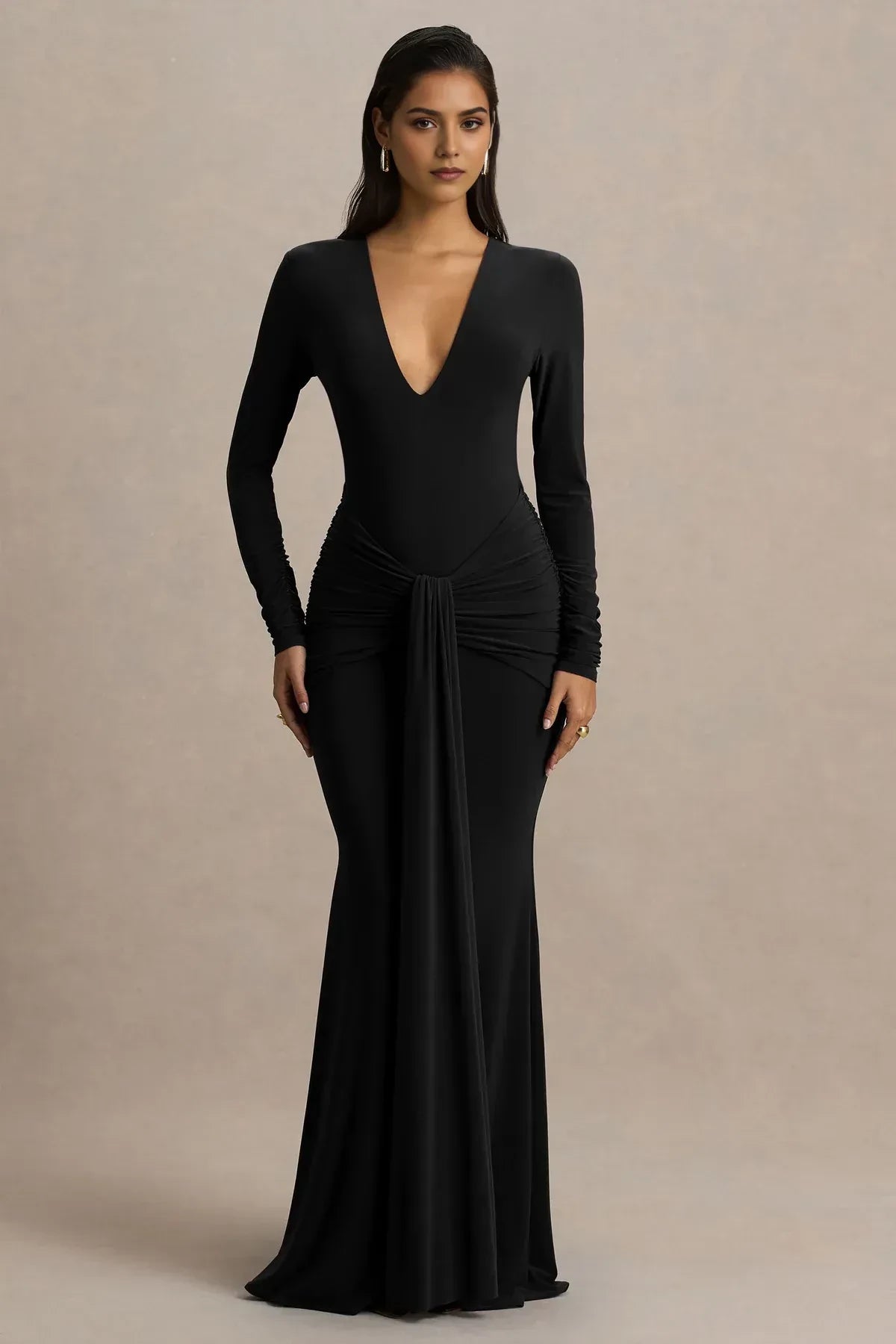 Gorgeous Mermaid Plunge Neck Long Sleeve Ruched Back Floor Length Evening Dress