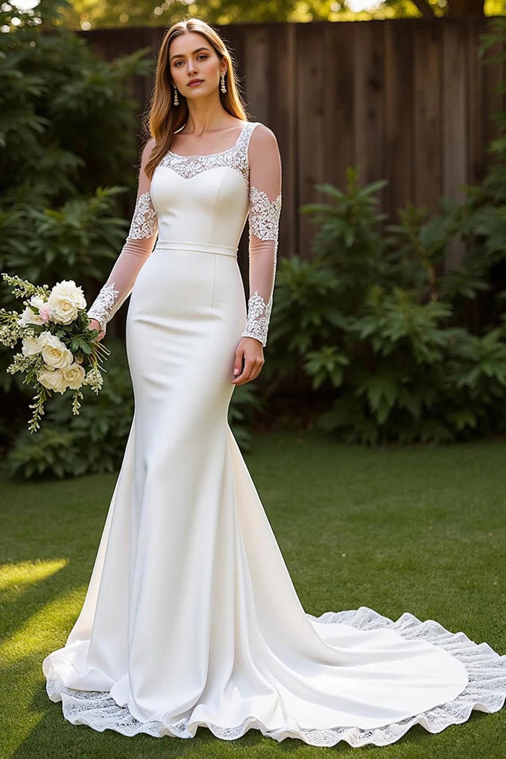 Gorgeous Mermaid Square Neck Lace Long Sleeve Open Back Floor Length Wedding Dress
