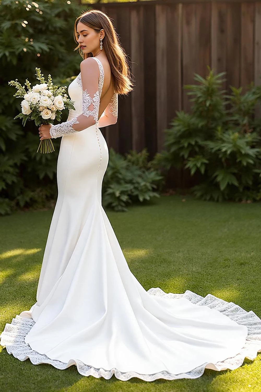 Gorgeous Mermaid Square Neck Lace Long Sleeve Open Back Floor Length Wedding Dress