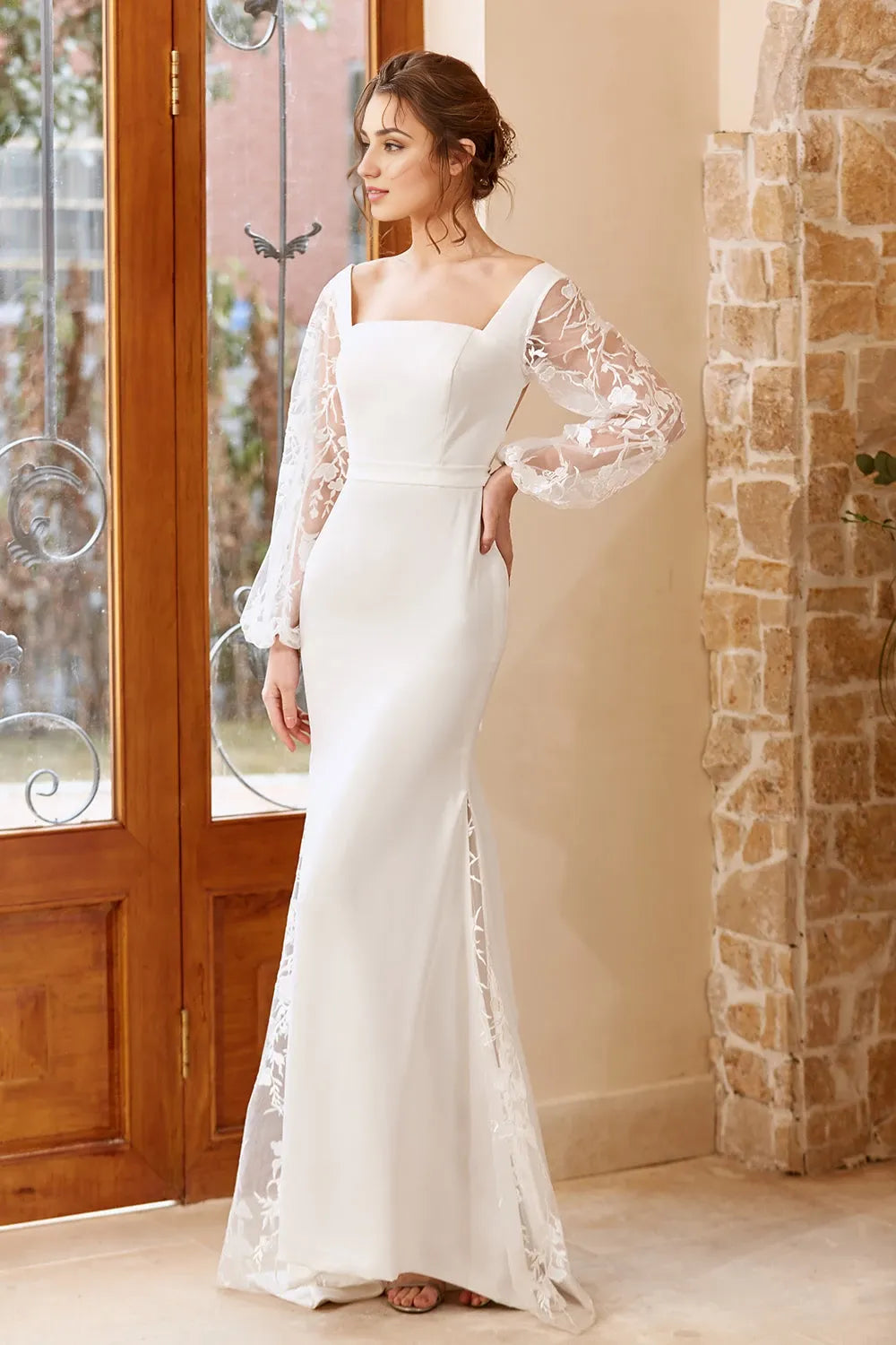 Gorgeous Mermaid Square Neck Lace Sleeve Bow Back Maxi Wedding Dress