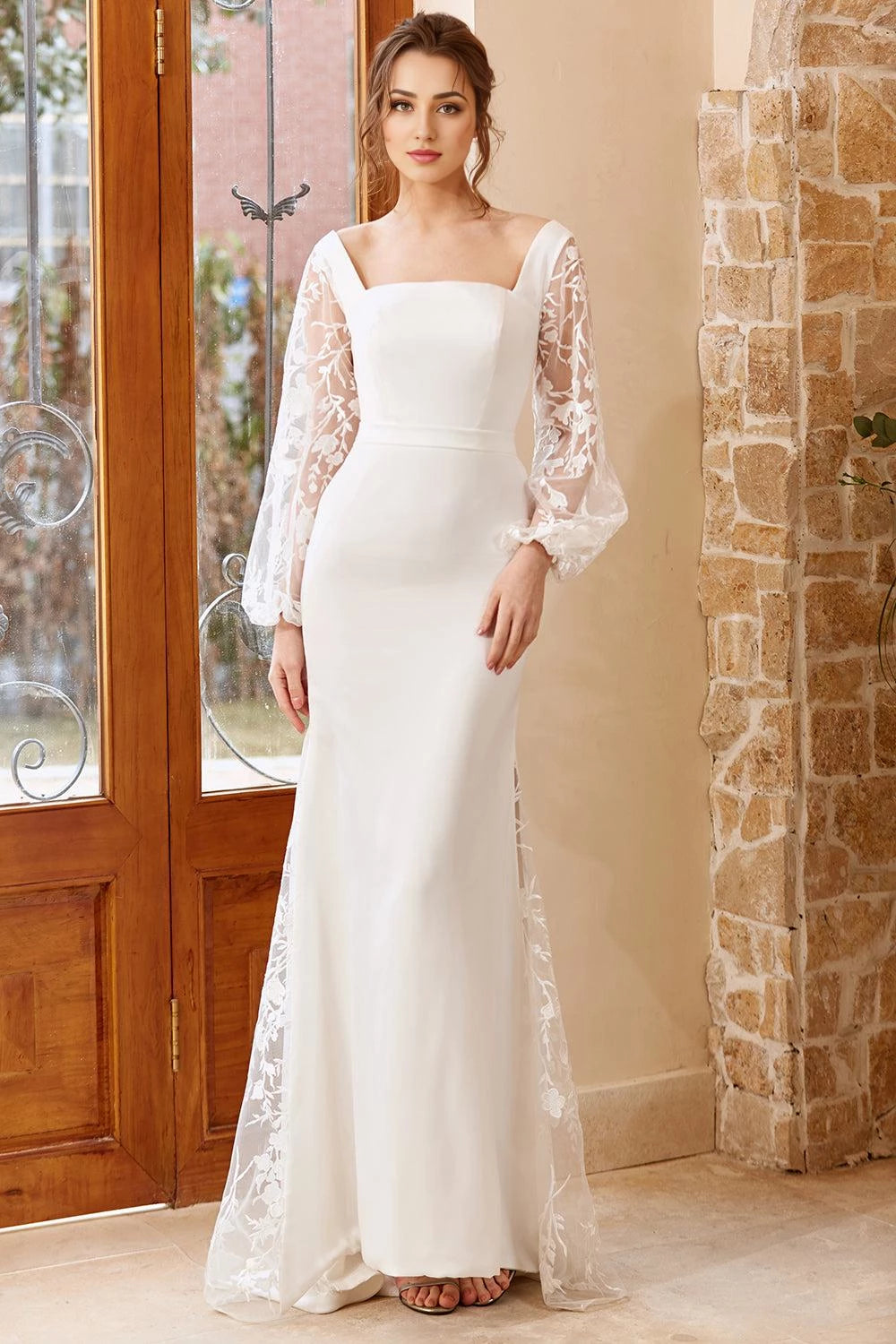Gorgeous Mermaid Square Neck Lace Sleeve Bow Back Maxi Wedding Dress