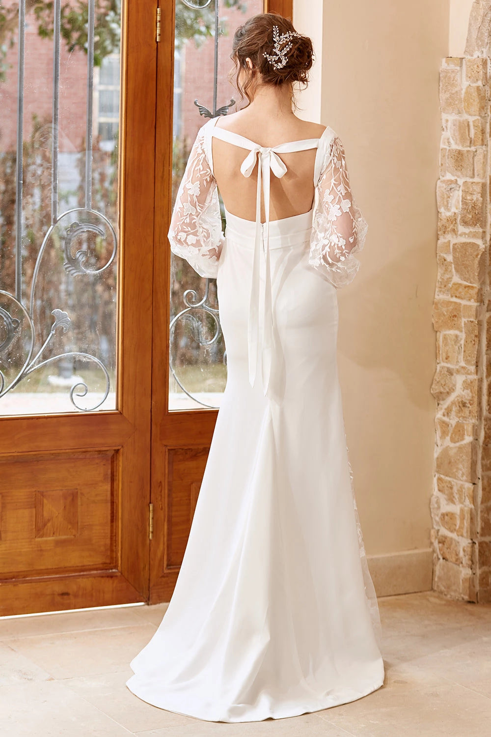 Gorgeous Mermaid Square Neck Lace Sleeve Bow Back Maxi Wedding Dress