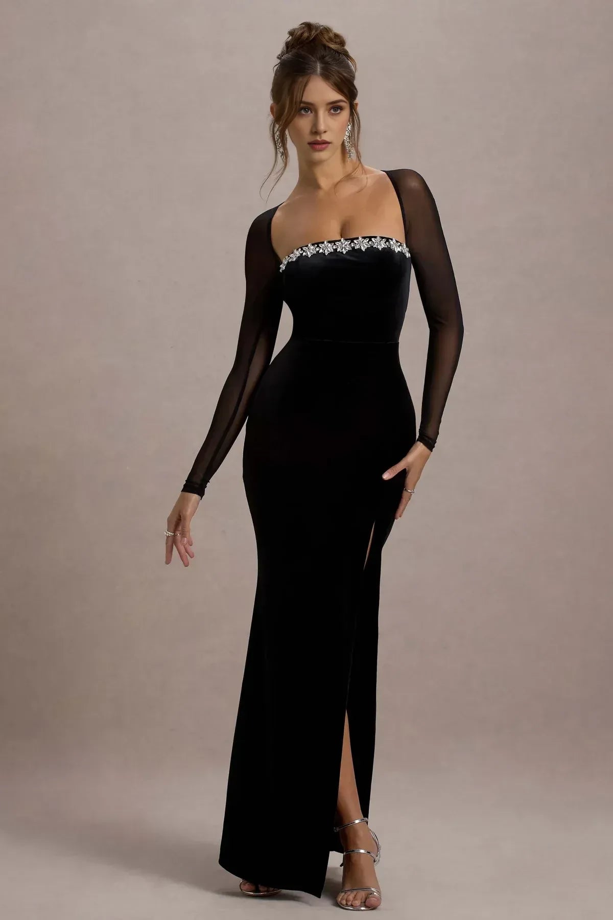 Gorgeous Mermaid Square Neck Mesh Sleeve Embellished Back Floor Length Evening Dress