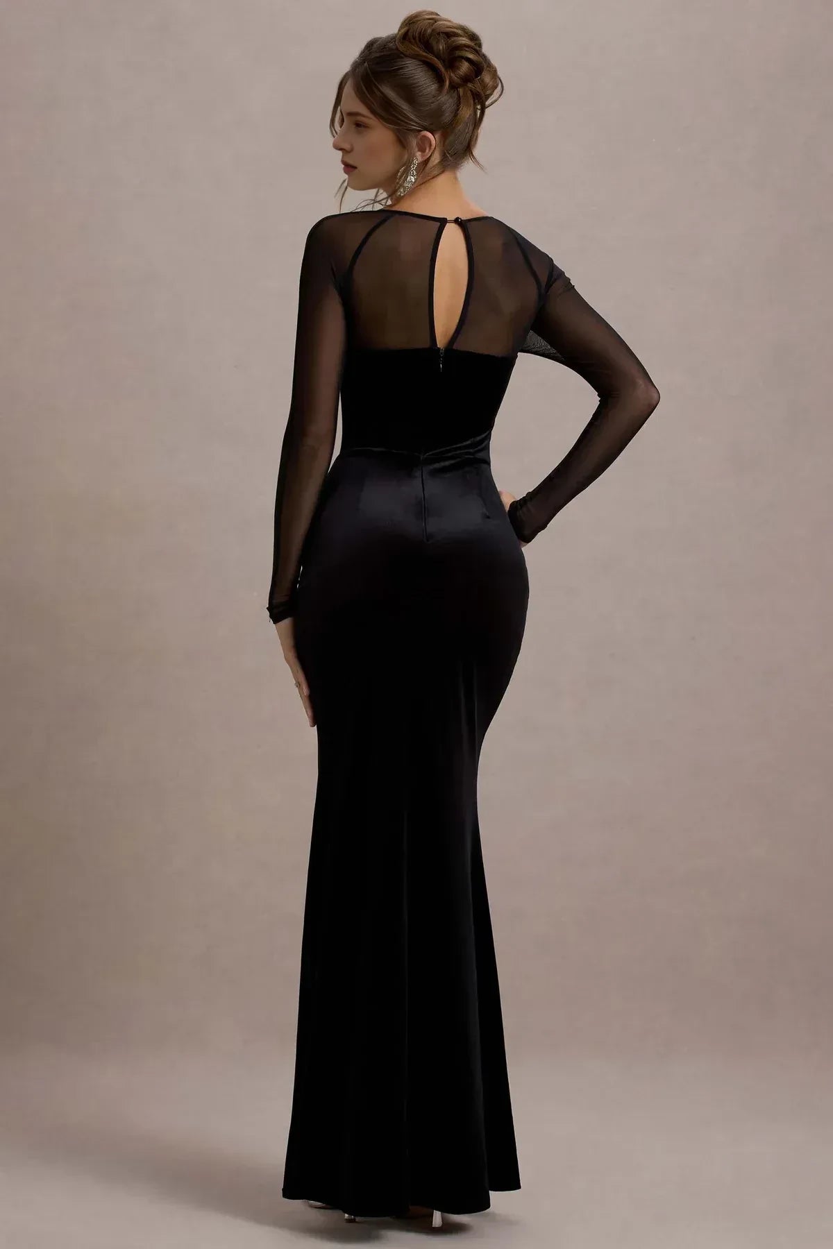 Gorgeous Mermaid Square Neck Mesh Sleeve Embellished Back Floor Length Evening Dress