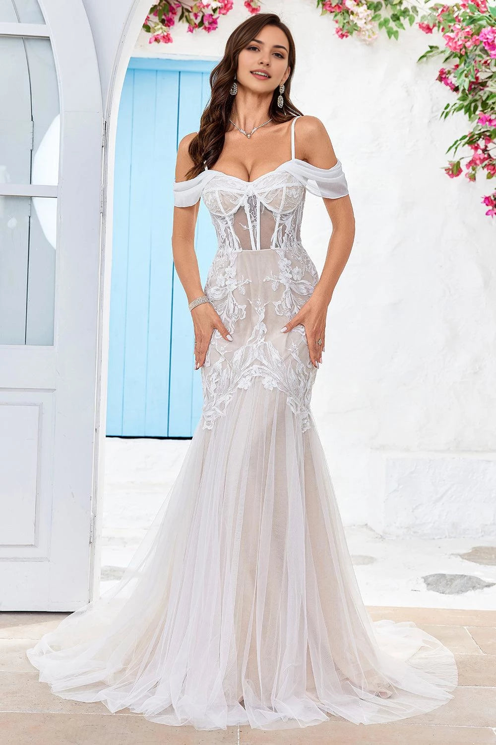 Gorgeous Mermaid Sweetheart Off Shoulder Sleeve Lace Back Maxi Wedding Dress